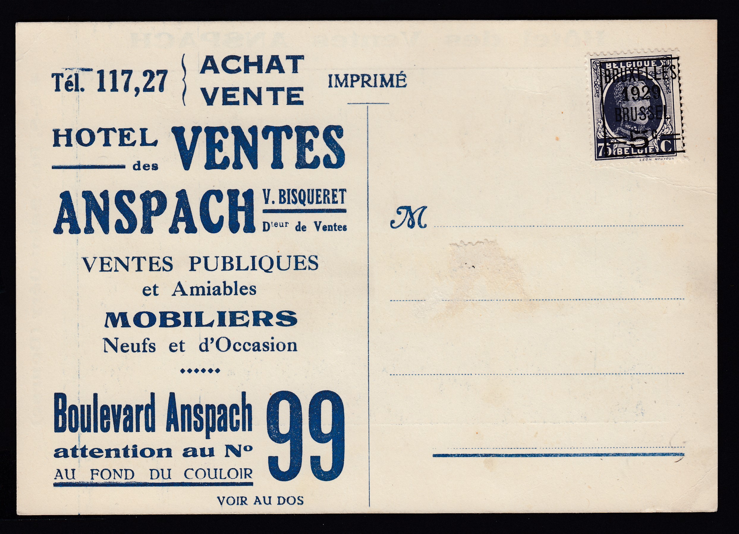 274 ( préoblitéré de 1929 ) sur Cp publicitaire illustrée « Hôtel des ventes Anspach » au verso. Non envoyée.