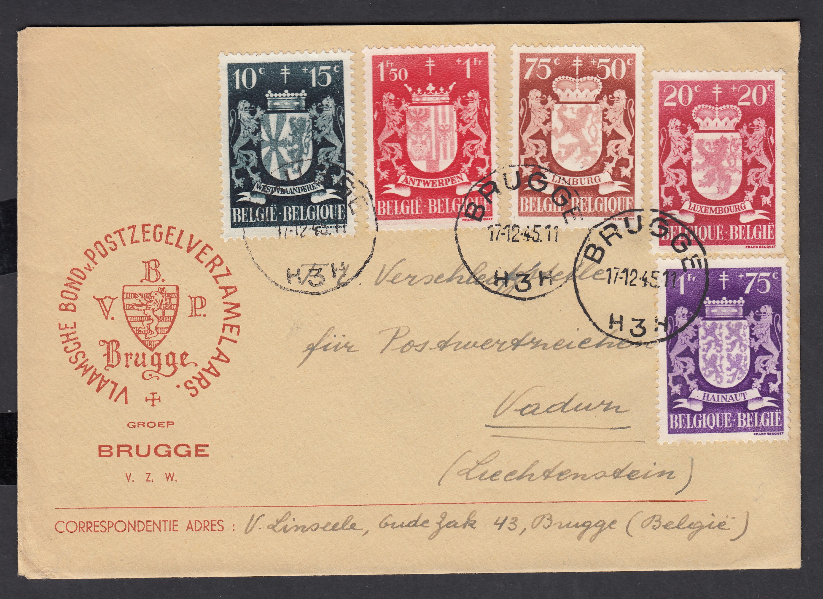 716/17 +720/22 sur lettre illustrée « Postzegelverzamelaadrs » de Bruges le 17.12.1945 vers Vaduz, Liechtenstein.