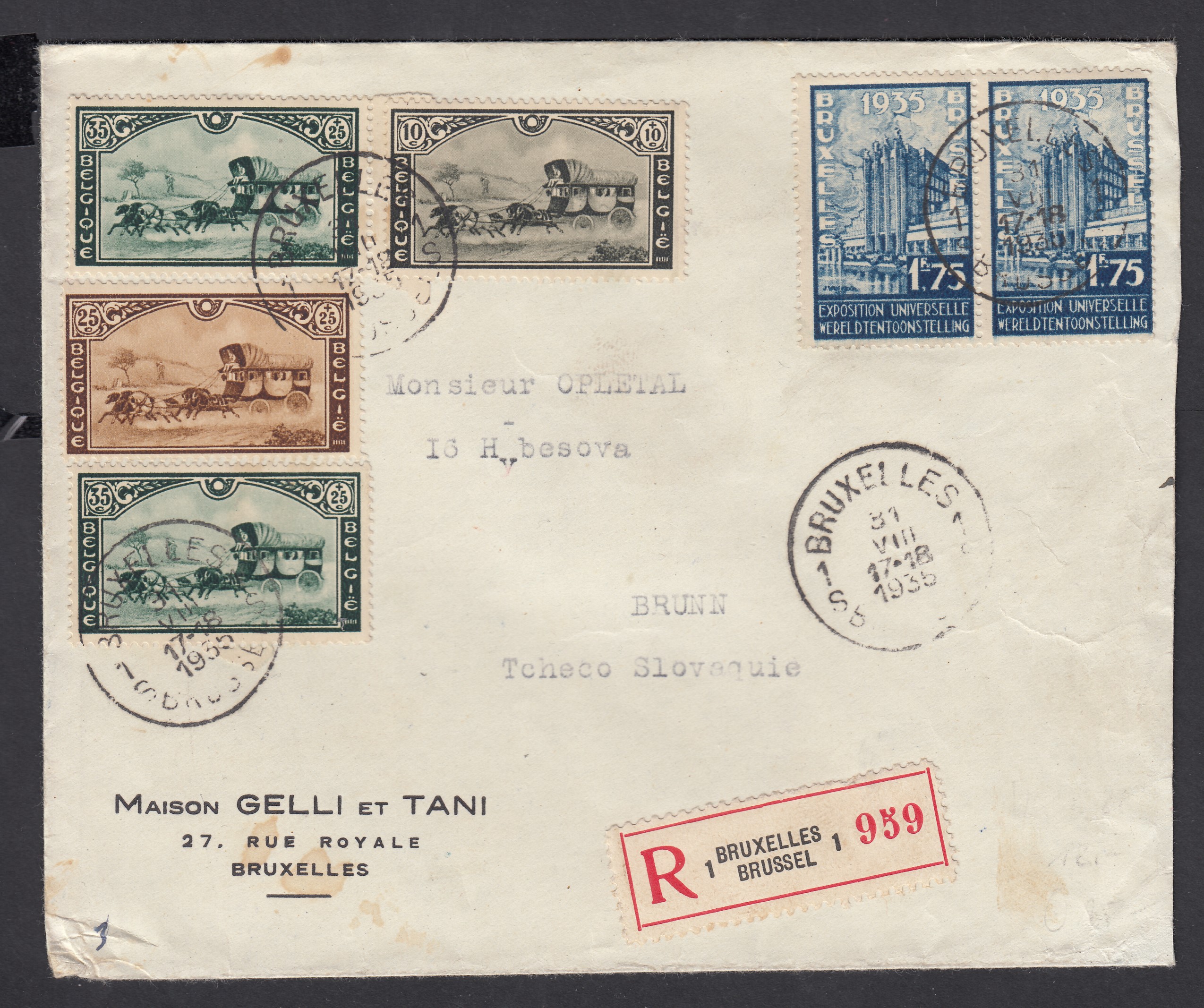 389 en paire +407/08 +409 x2 sur lettre en recommandé de BXL le 31.VIII.1935 vers Brunn, Tchécoslovaquie.