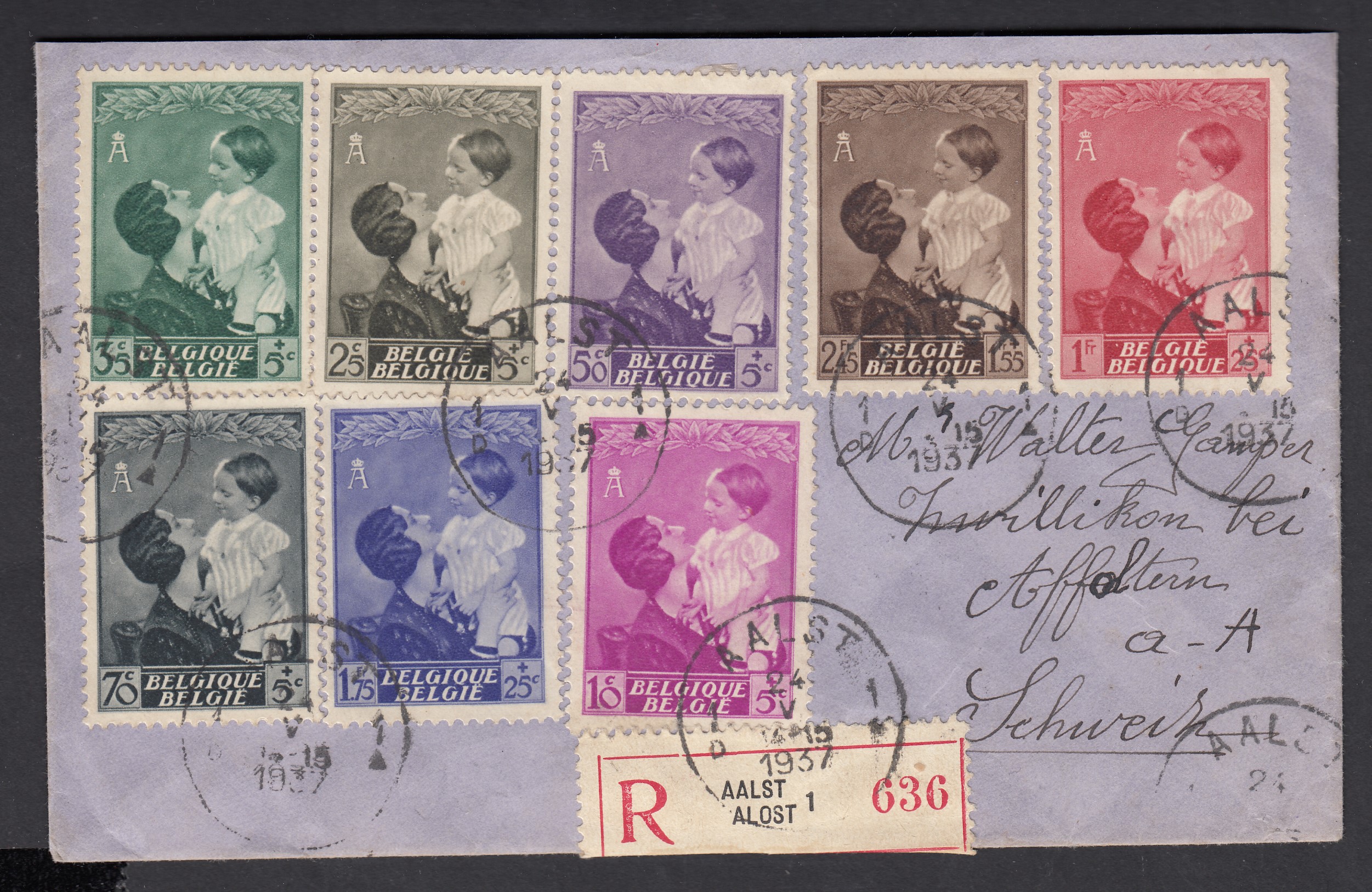 447/54 sur lettre en recommandé d'Aalst le 24.V.1937 vers la Suisse. Càd au verso.