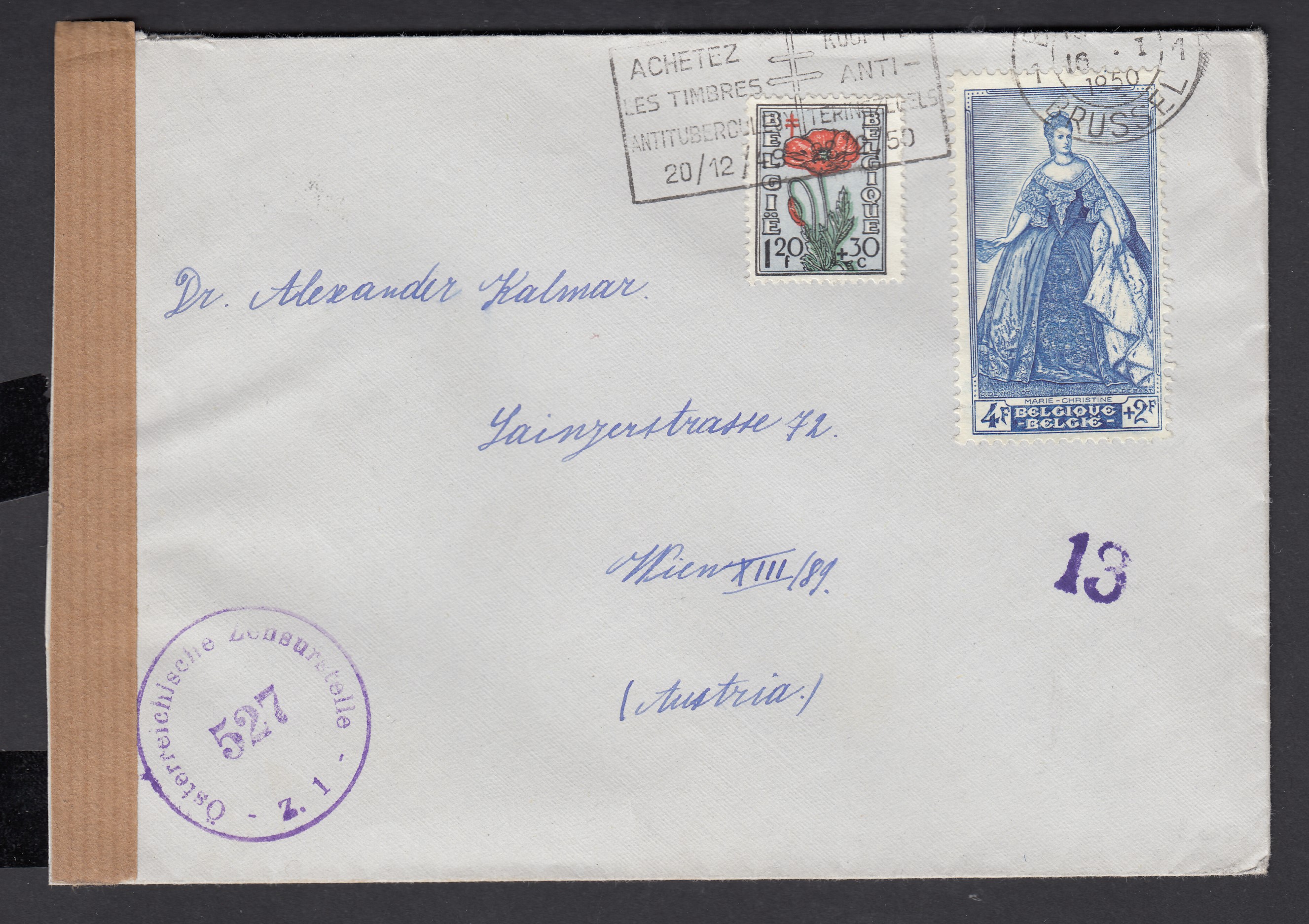 817 +820 sur lettre de BXL le 16.1.1950 vers Vienne, Autriche. Bande de contrôle des communications. Vignette « Le sou du vieillard » au verso.