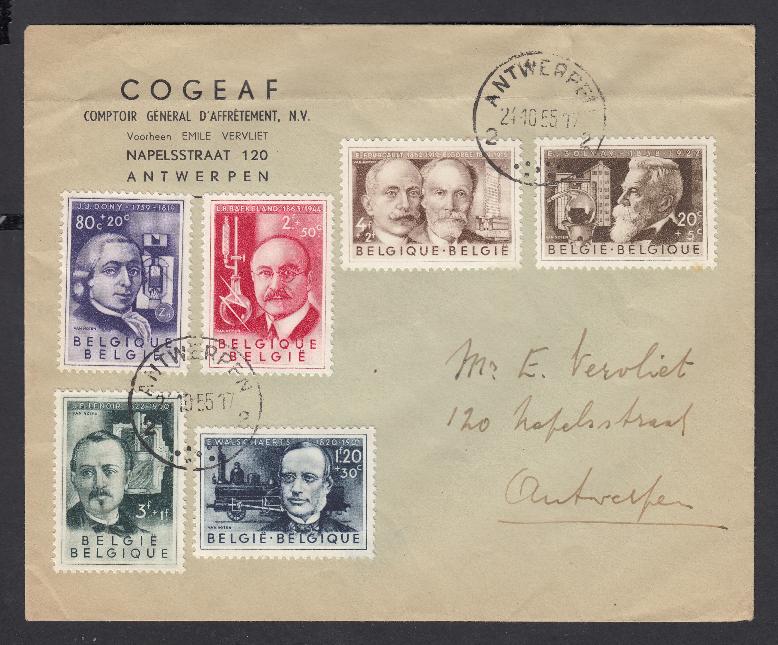 973/78 sur lettre de et à destination d'Antwerpen le 24.10.1955.