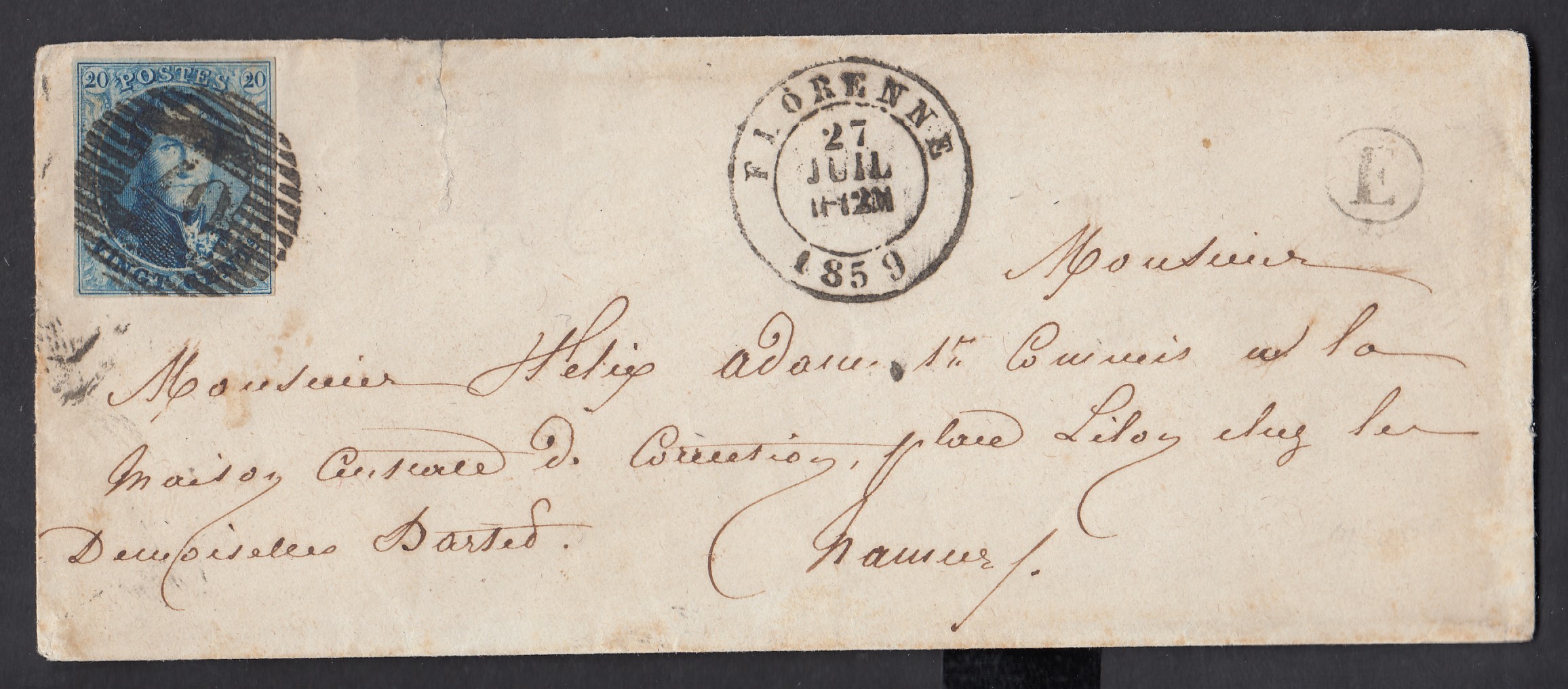 11A margé sur LSC ( Env.) de la boîte « E » de Stave via Florenne ( P40) le 27 JUIL 1859 vers Namur. Càd au verso.