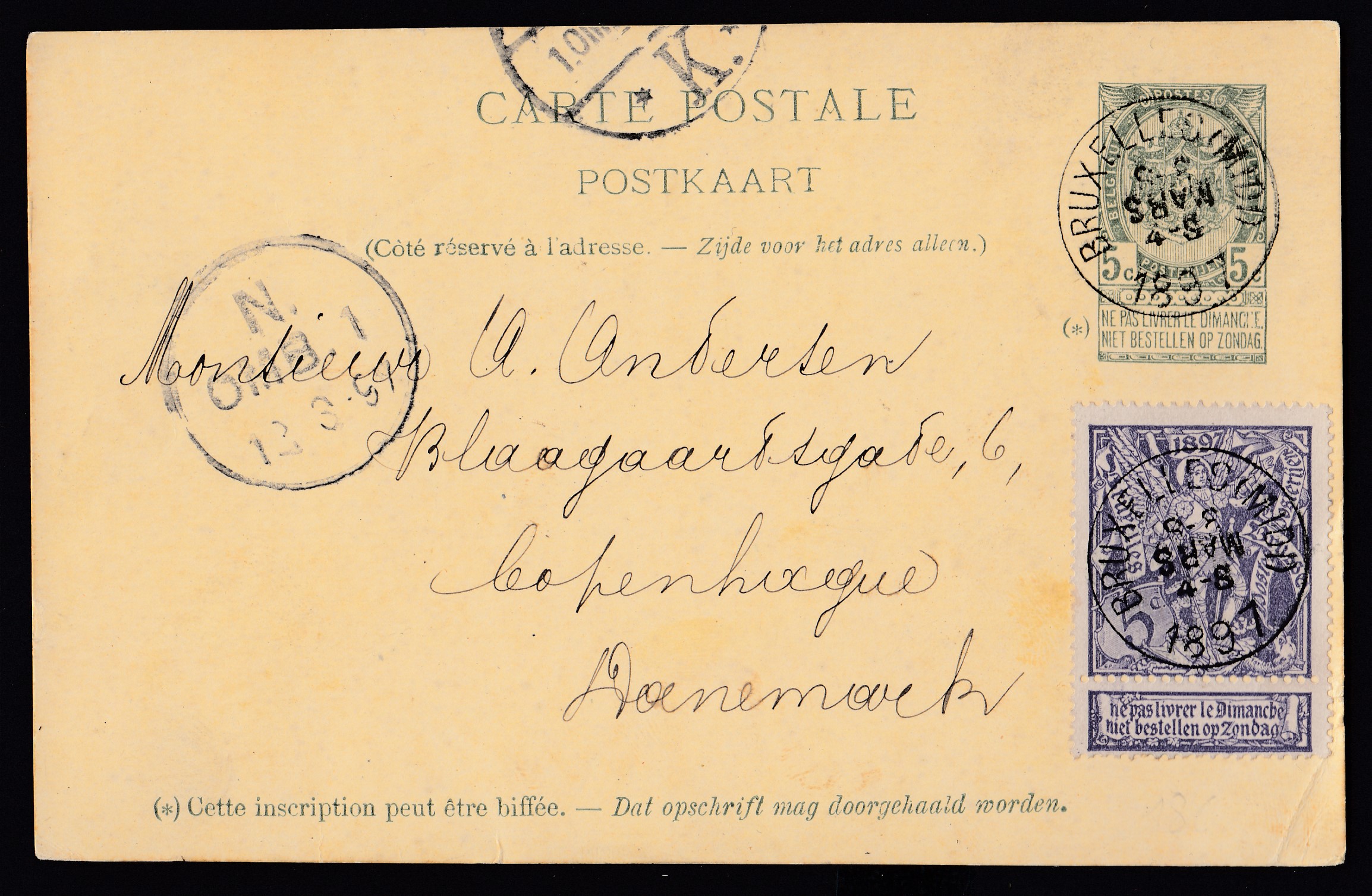 71 sur Ep5c type « Fine Barbe -Tp 56 » de BXL (MIDI) le 10 mars (inversé) 1897 vers Copenhague. Càd au recto.