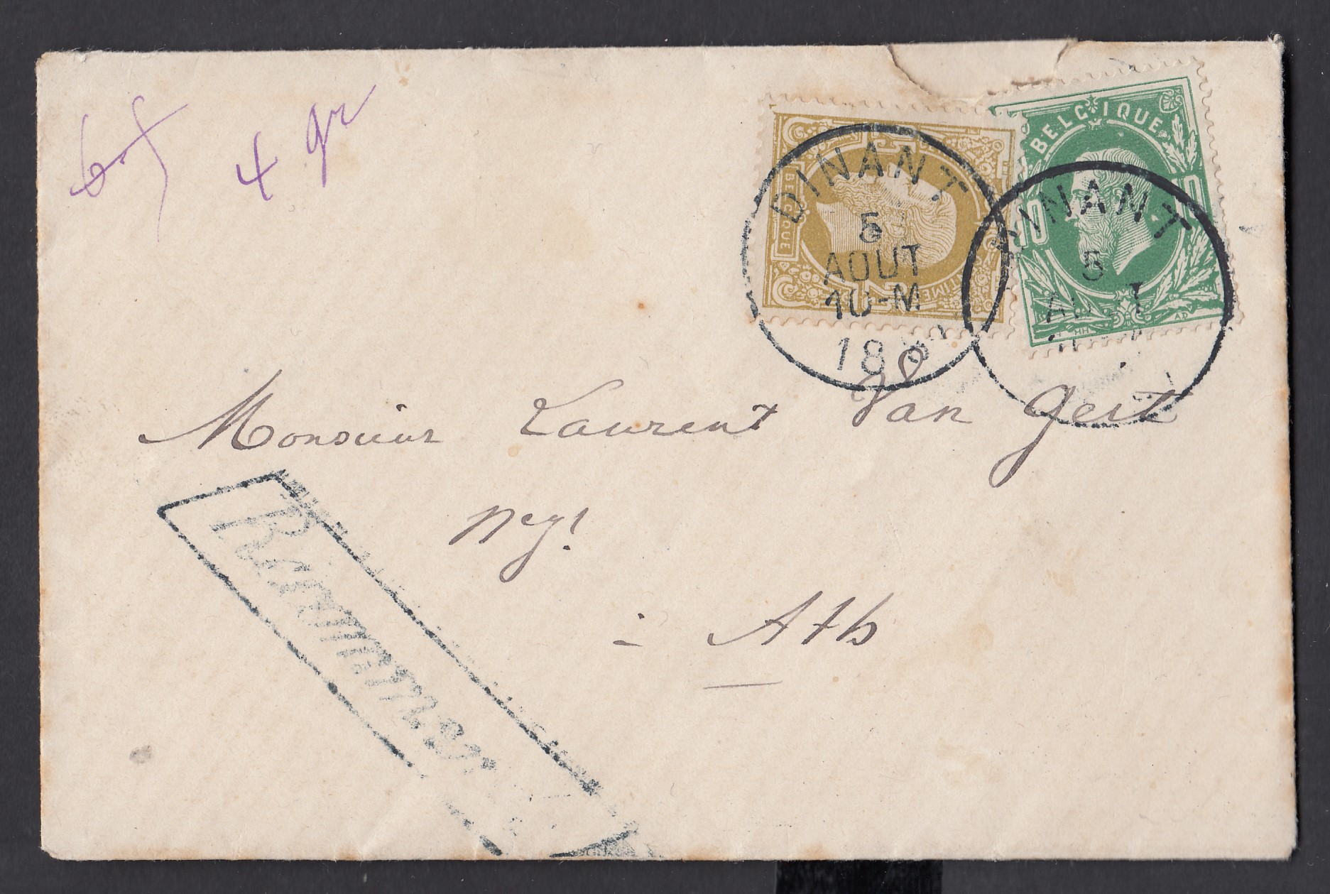 30 +32 sur lettre en recommandé de Dinant le 5 août 1881 à destination d'Ath. Cachet de passage à Enghien + Càd au verso.