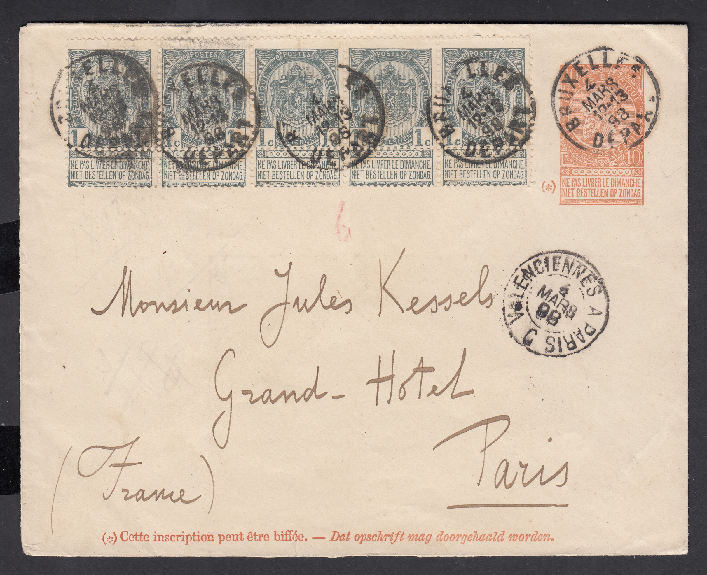 53 en bande de 5 sur Ep10c type « Fine Barbe -Tp 57 » de BXL le 4 mars 1898 vers Paris.