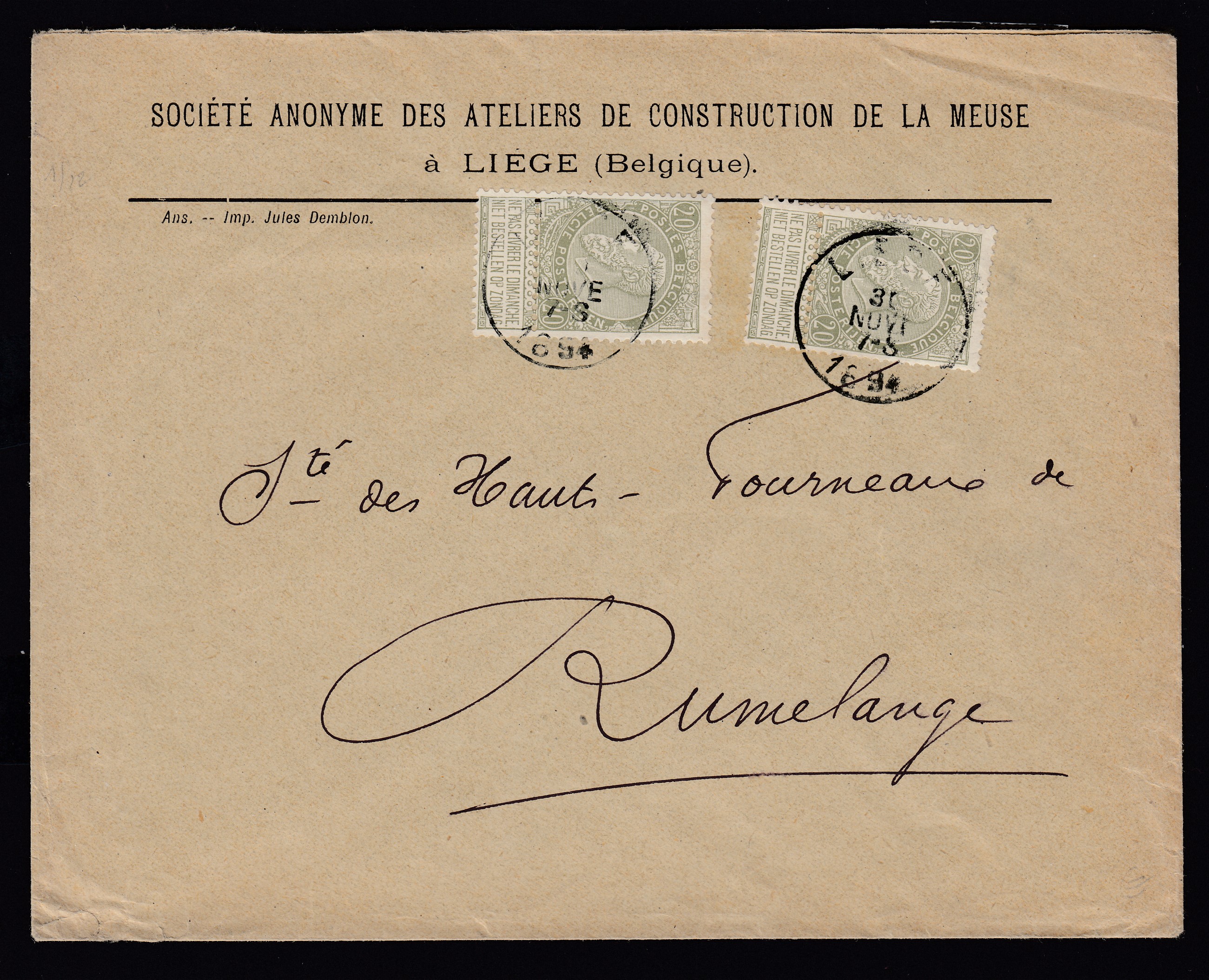 59 x2 sur lettre de Liège le 30 nov.1894 vers Rumelange. Cachet de passage à Luxembourg-Ville +Càd au verso.