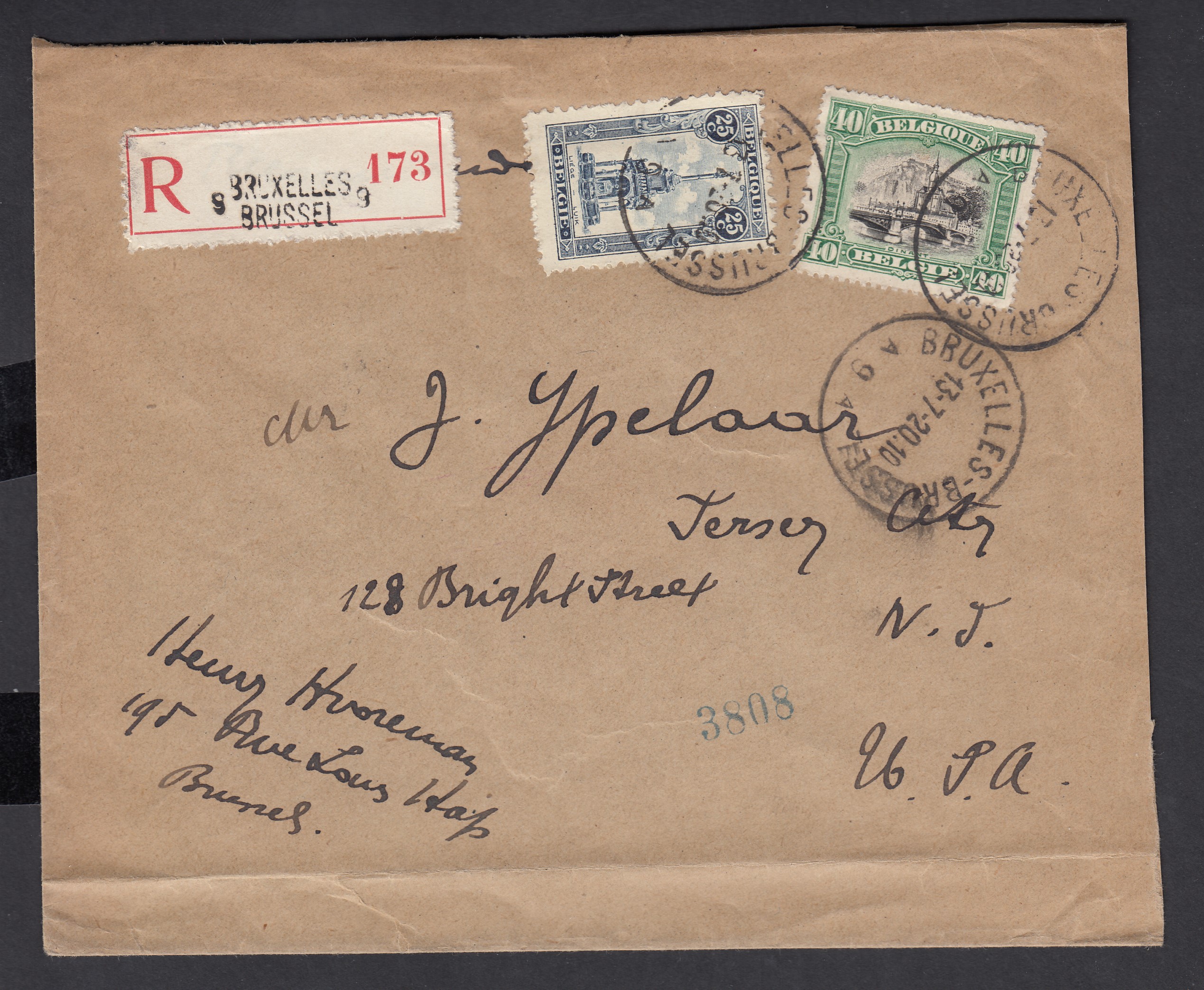 143 +164 sur lettre en recommandé de BXL le 13.7.1920 verss USA. Cachets d'arrivées au verso.