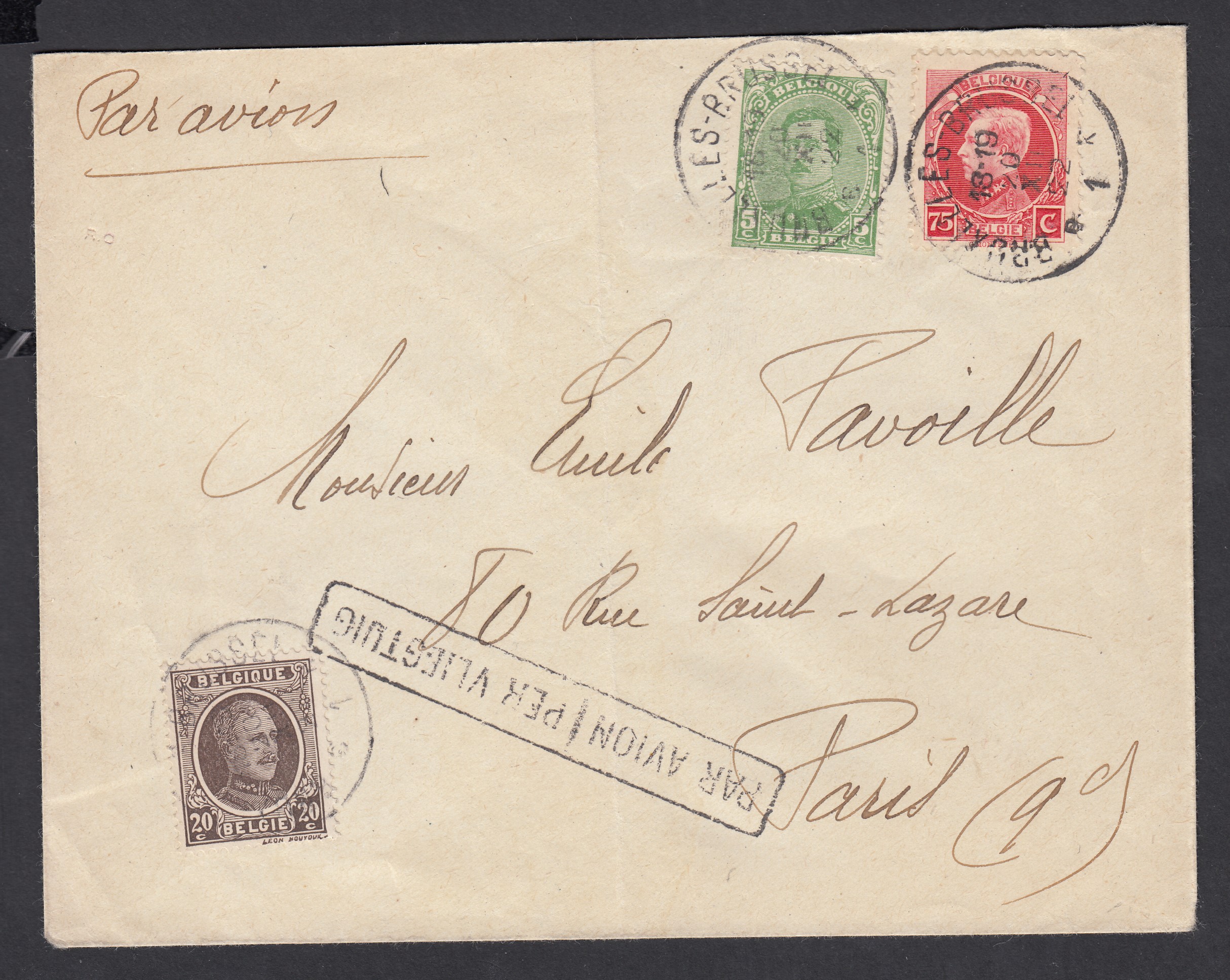 137 +196 +212 sur lettre par avion ( Griffe bilingue encadrée « PAR AVION /.. » de BXL le 20.XII.1922 vers Paris.