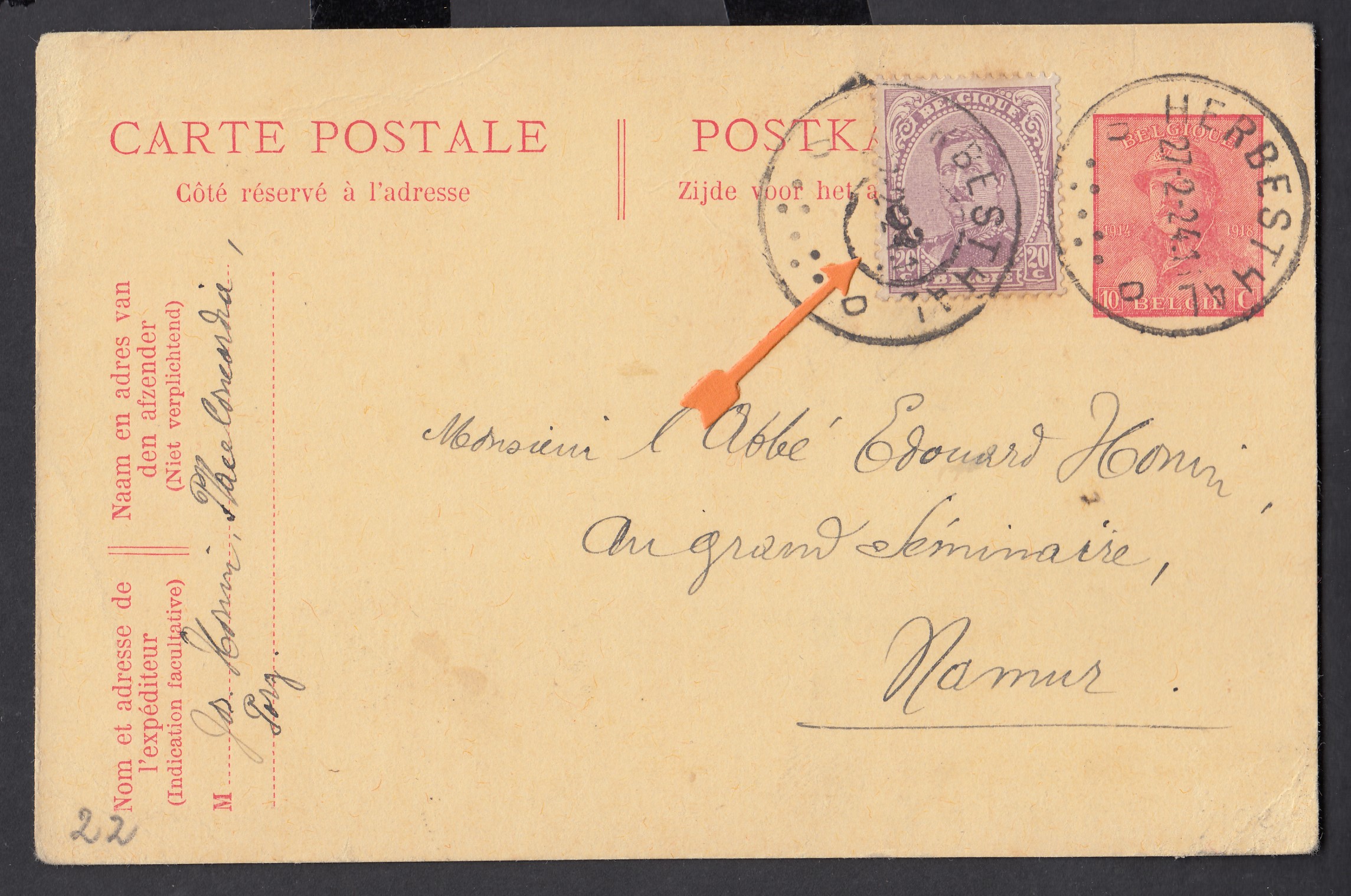 140 sur Ep10c type « Casqué » d'Herbesthal le 27.2.1924 vers Namur. Cachet du facteur « 2 » sur le Tp 140.