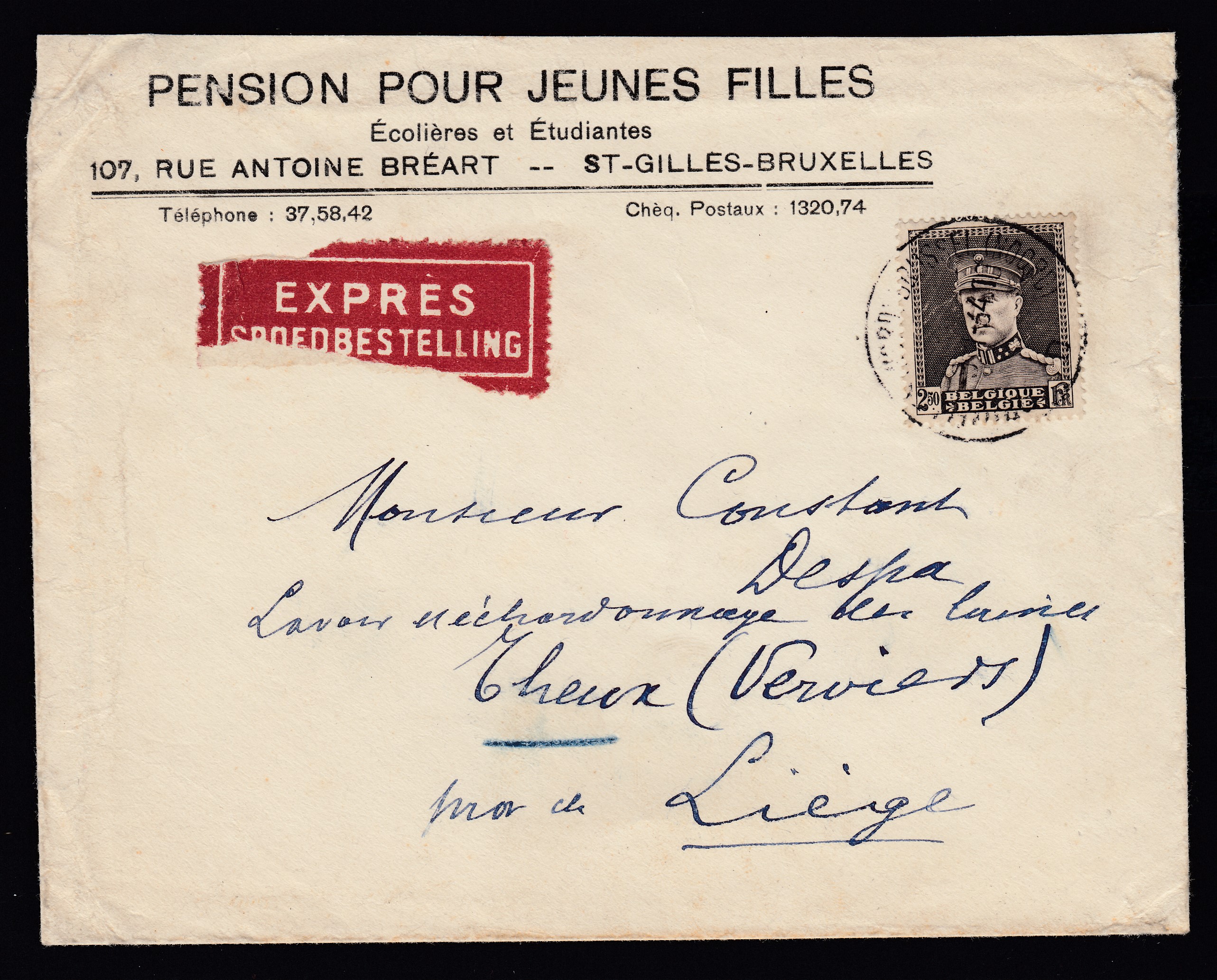 322A sur lettre à entête « PENSION POUR JEUNES FILLES » en exprès de St-Gilles- BXL en 1934 vers Liège.