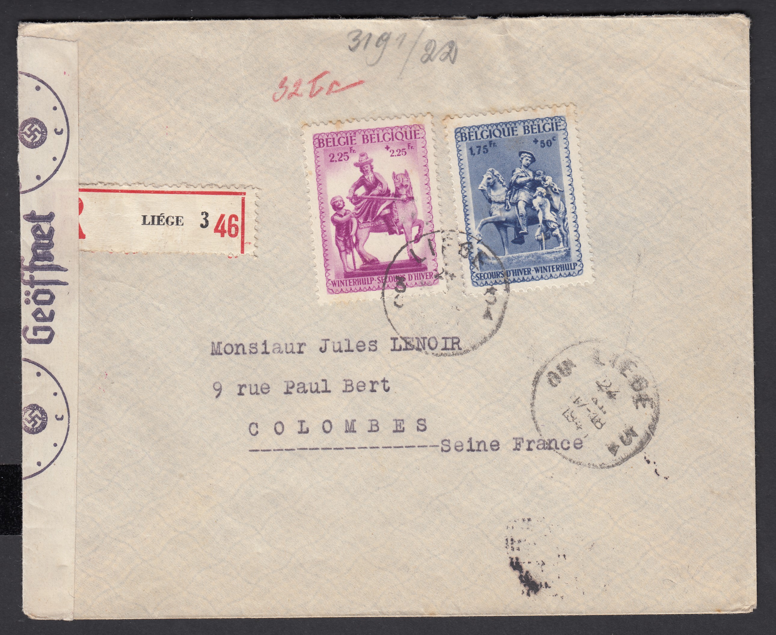 589/90 sur lettre en recommandé de Liège le 24.XI.1941 vers Colombes, France. Càd +bande et cachet de censure allemande au verso.