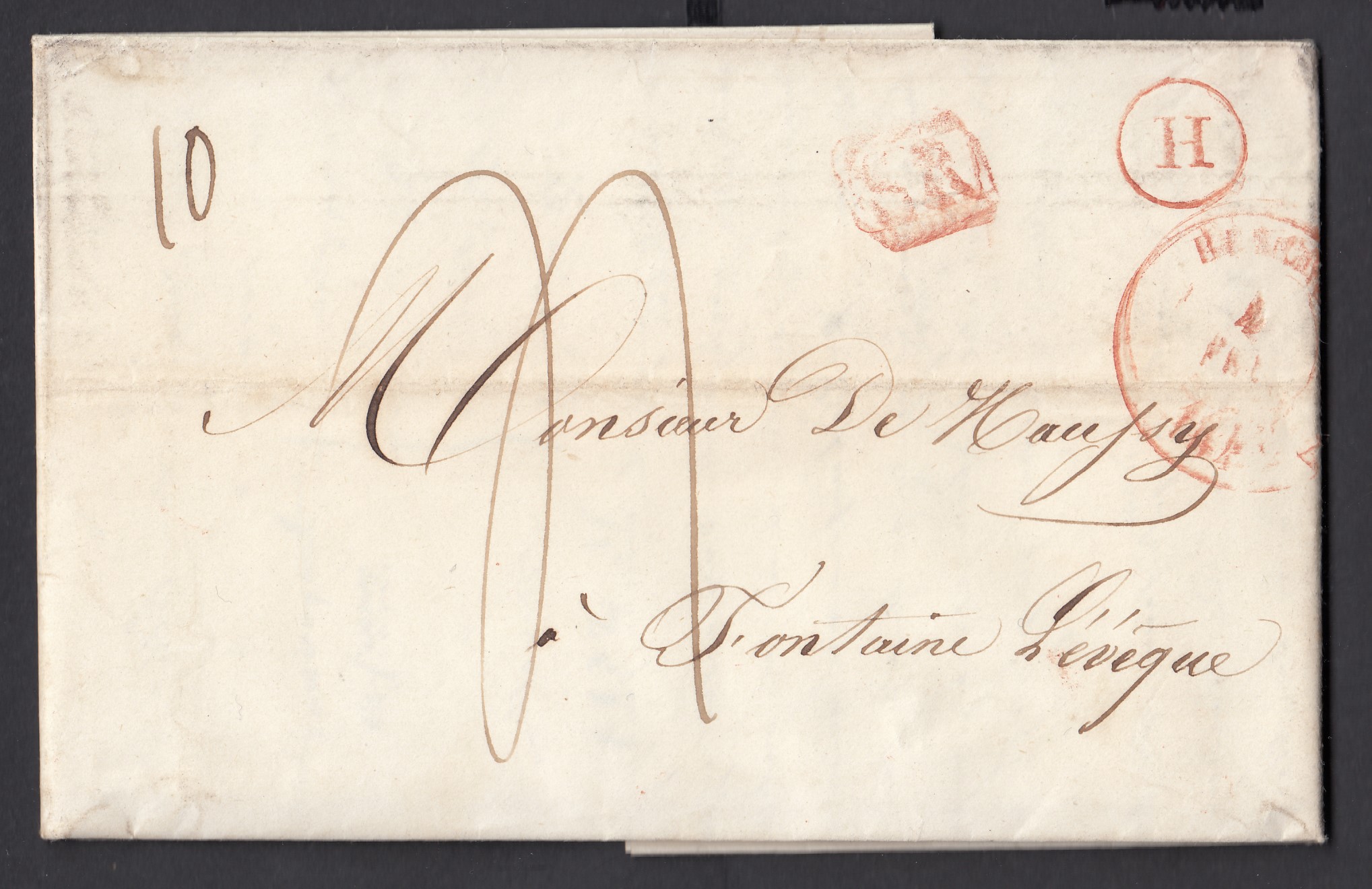 LAC datée de Haine-St-Pierre le 3 décembre 1842, de la boîte rurale « H » via Binche  (Griffe encadrée « SR ») vers Fontaine l'Evêque.