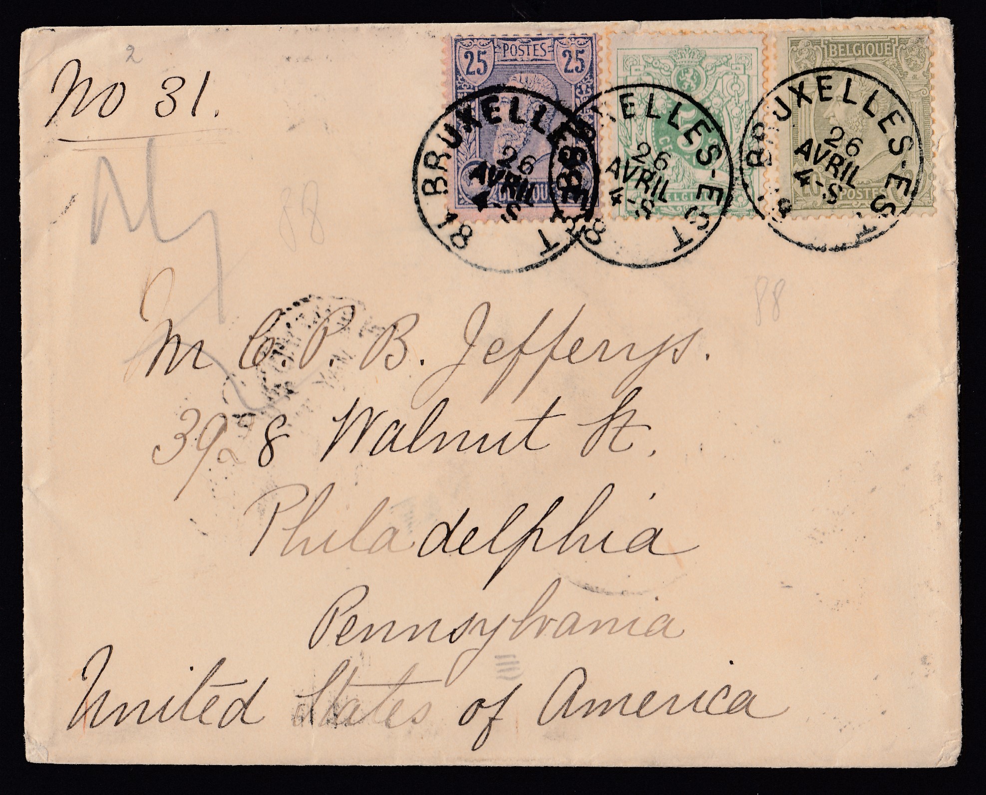 45 +47/48 sur lettre de BXL le 26 avril 1888 vers Philadelphie, USA. Cachets de passage à New-York et d'arrivée au verso.