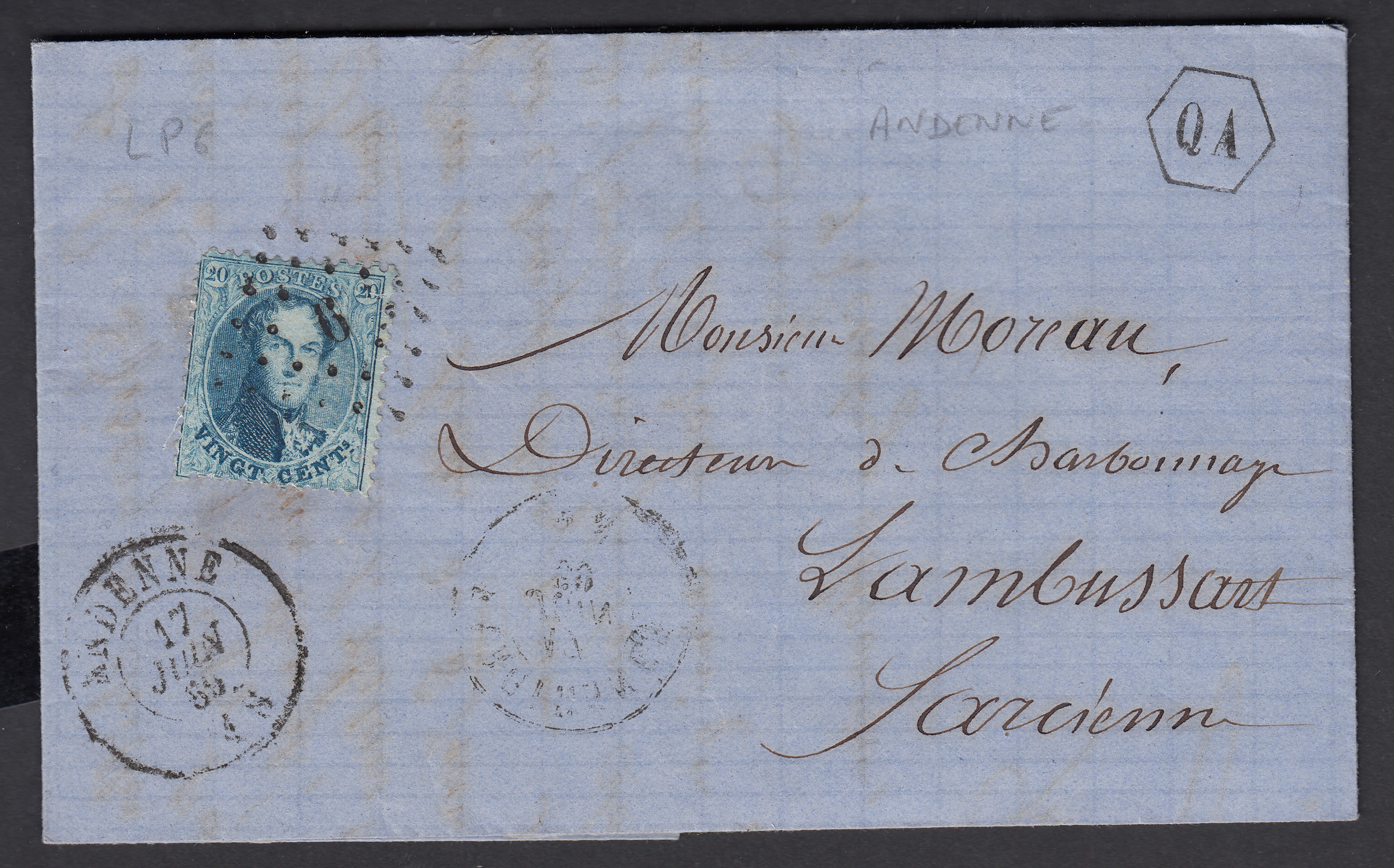20c « médaillon dentelé » sur LAC datée d'Andenne le 17 juin 1869 de la boîte « QA » d'Andenne ( Lp6) vers Farciennes. Càd au verso.