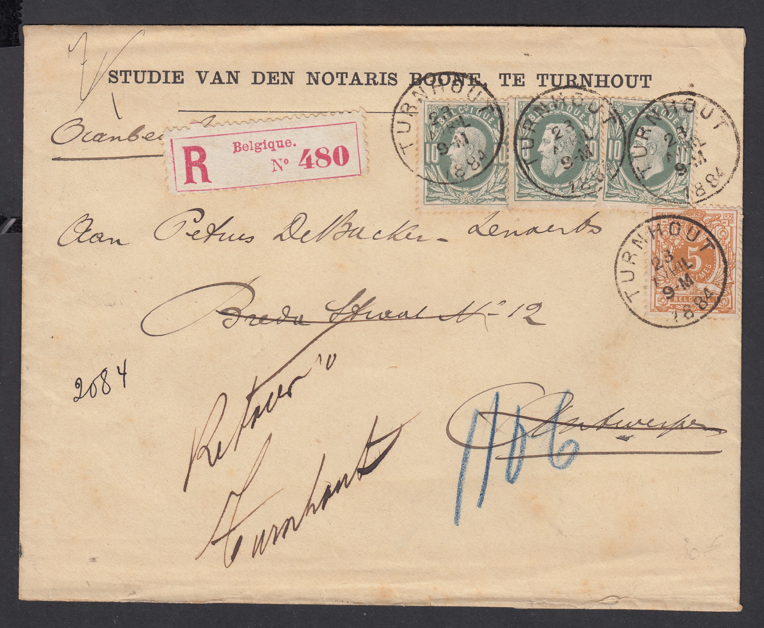 28 +30x2 sur lettre en recommandé de Turnhout le 23 avril 1884 à destination d'Antwerpen. Adresse biffée et manuscrit « Retour Turnhout » au recto. Cachets d'arrivées au verso.