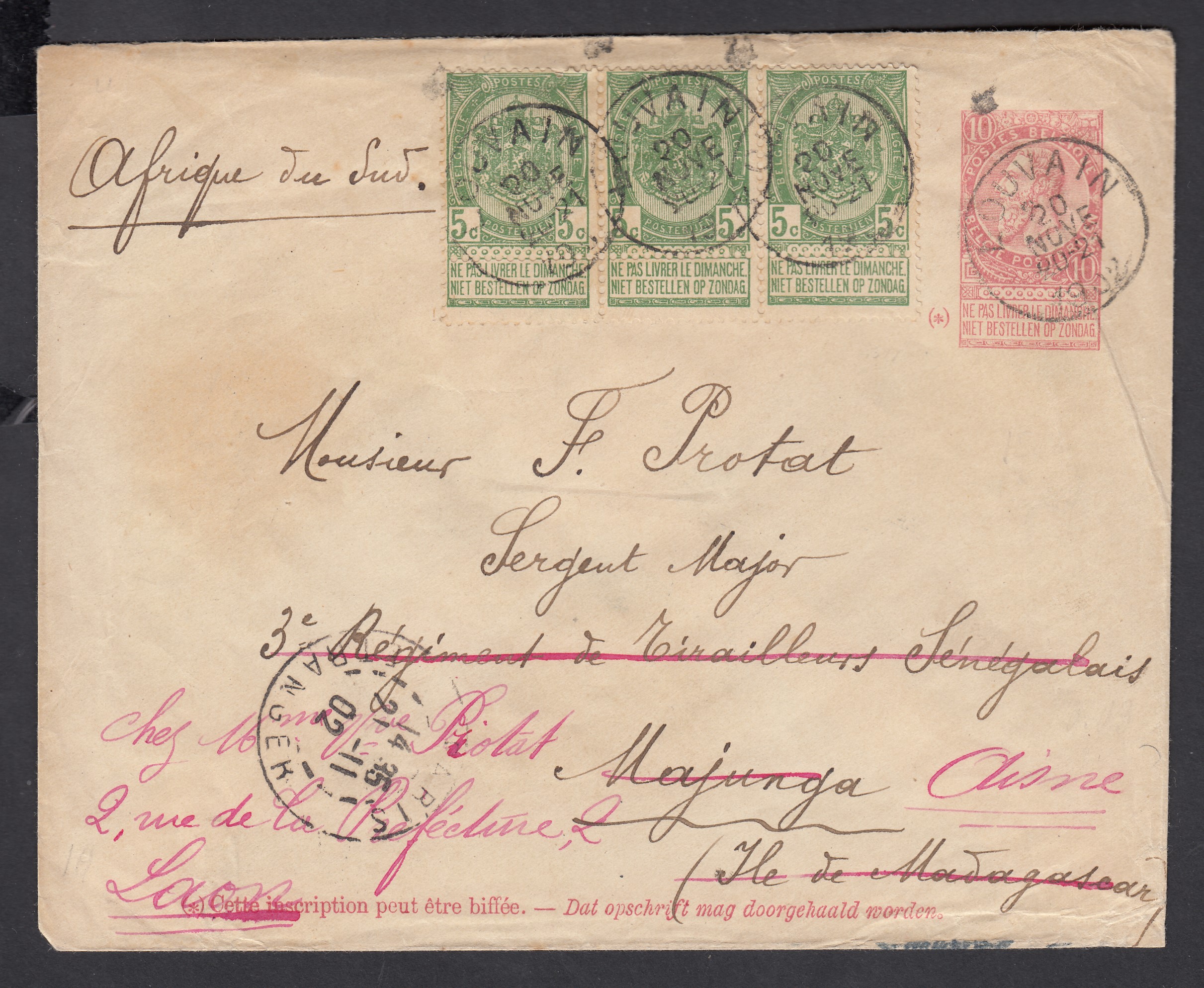 56 en bande de 3 sur Ep10c type « Fine Barbe -Tp 58 » de Louvain le 20 nove 1902 vers Majunga, Madagascar. Suivi vers Laon en France. Cachets d'arrivées au verso.