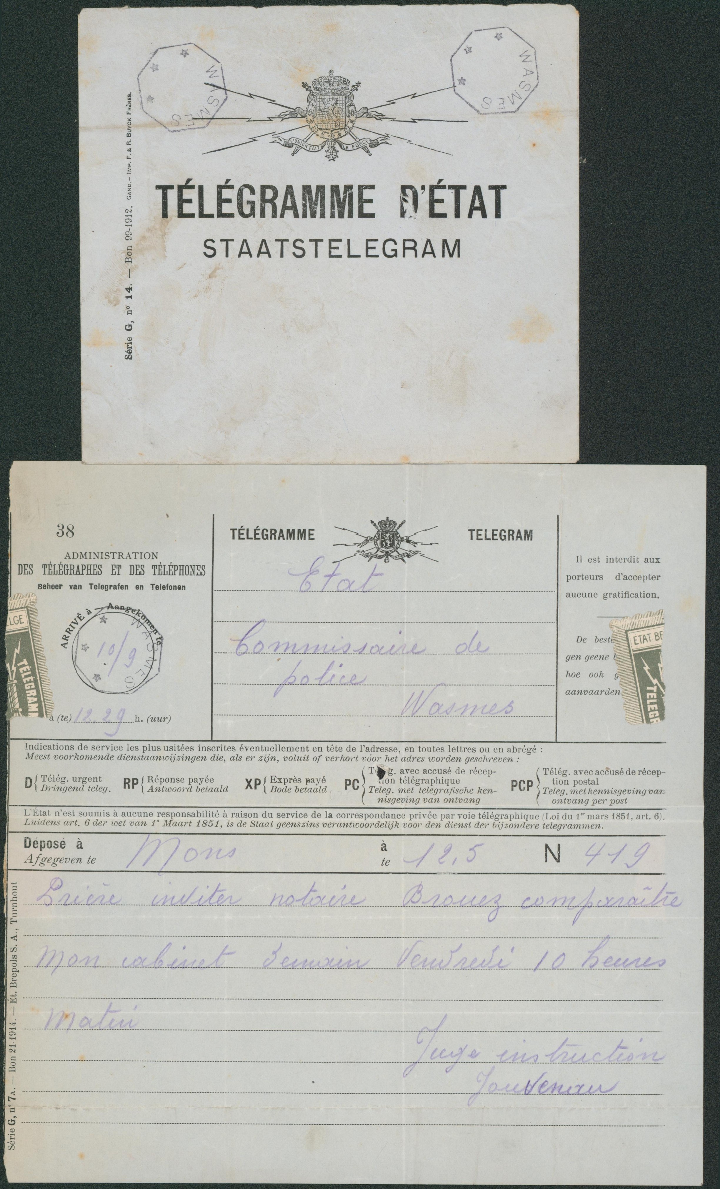 Télégramme + enveloppe "télégramme d'état" obl télégraphique Wasmes (bloc dateur absent), déposé à Mons > Commissaire de Police à Wasmes. "