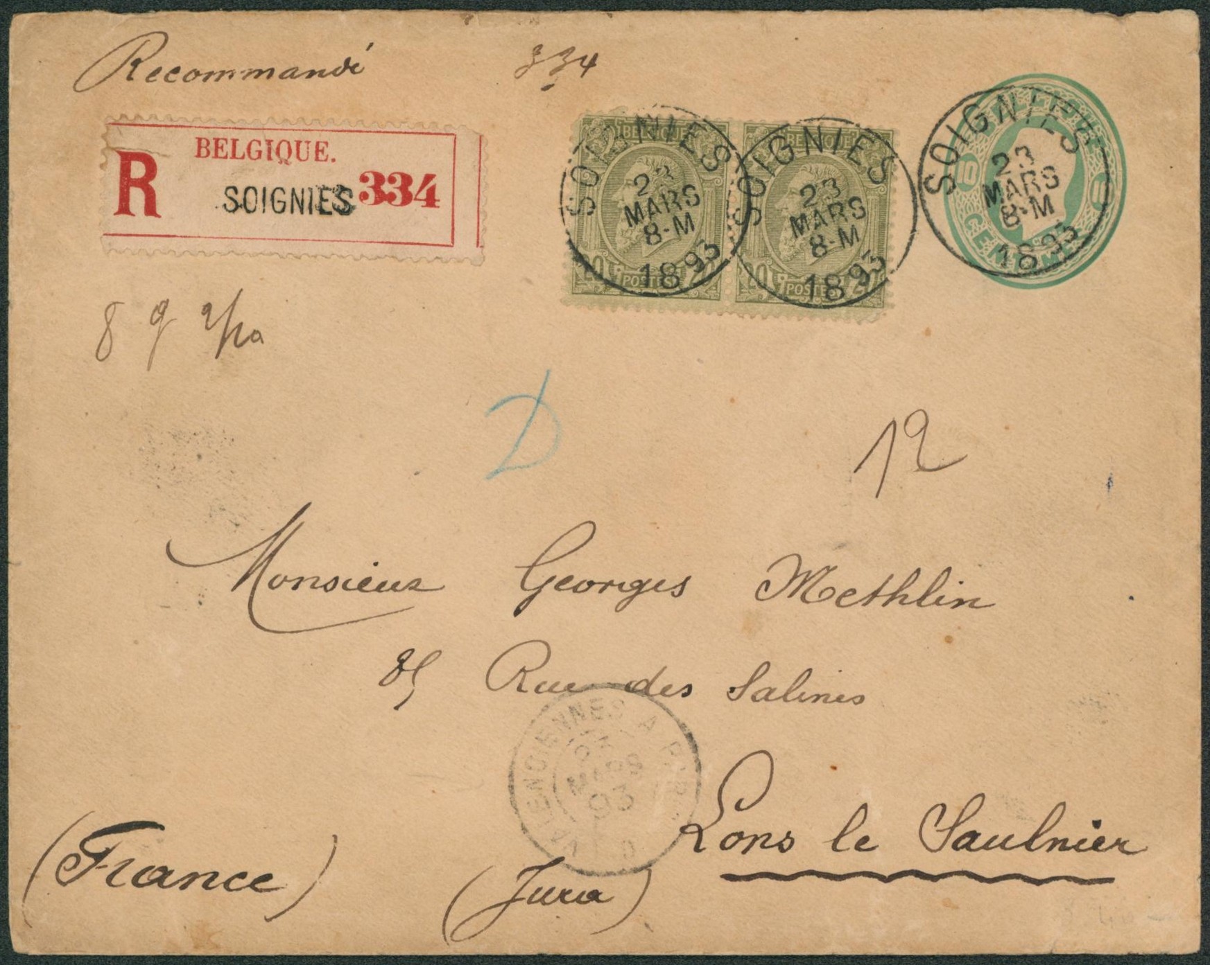 EP au type env. 10ctm vert + n°47 x2 en recommandé de Soignies > Lons le saulnier (Jura, France)