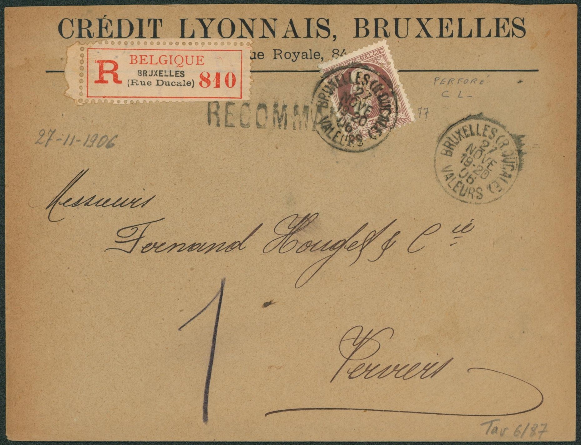 n°77 sur lettre en recommandé de Bruxelles (R. Ducale) / Valeurs > Verviers. 