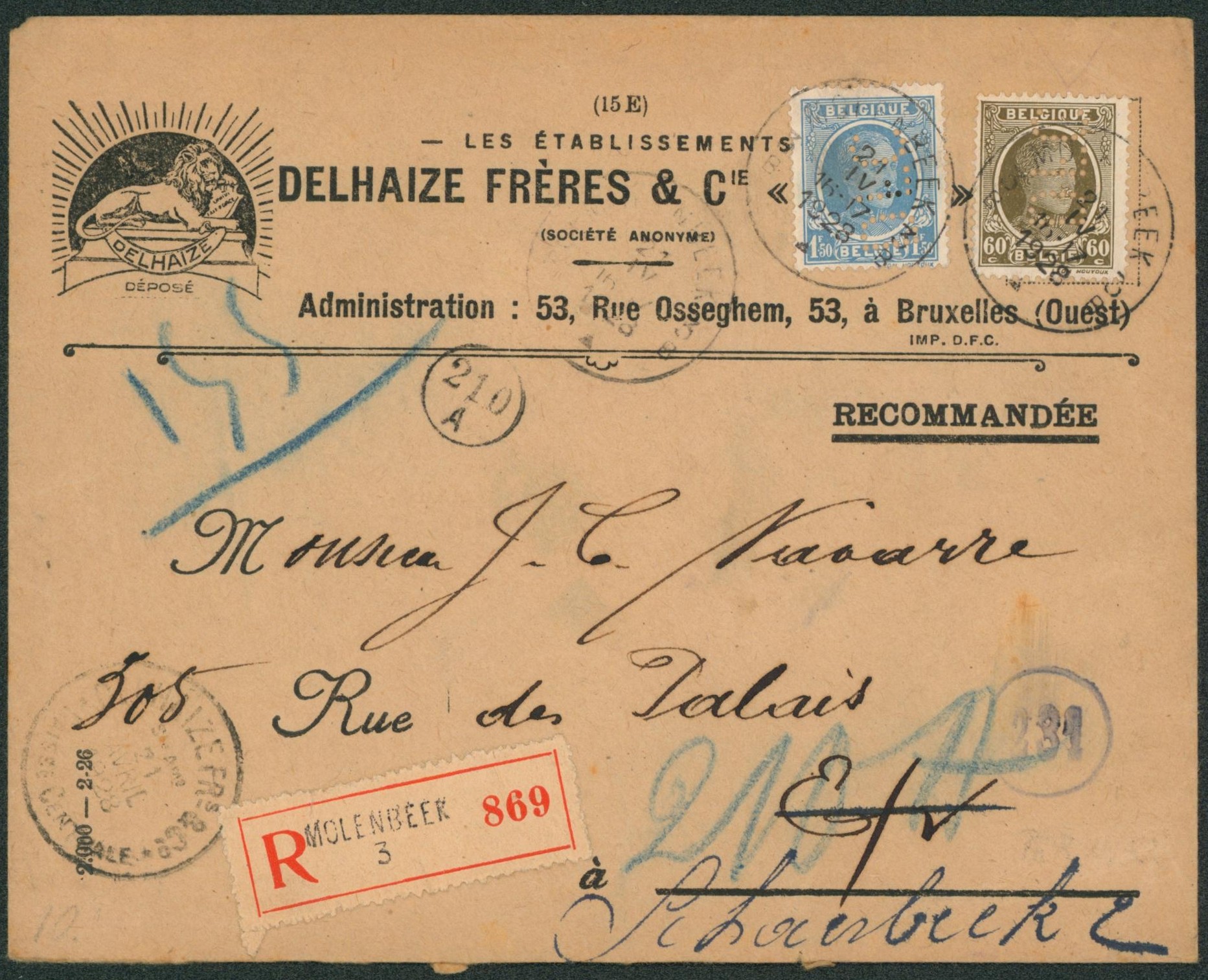 Houyoux (perforés) - n°207 et 255 sur lettre à en-tête (delhaize) en recommandé de Molenbeek > La ville, suivi Schaerbeek 