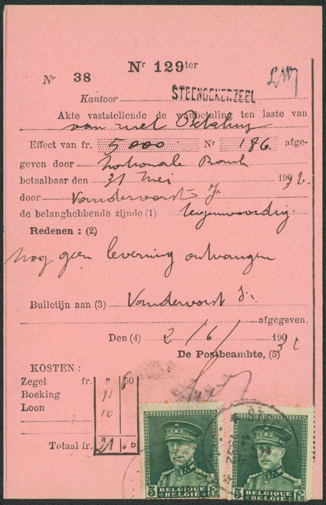 Képi - n°323 x2 sur protet (n°129Ter) + griffe du bureau et oblitération STEENOCKERZEEL