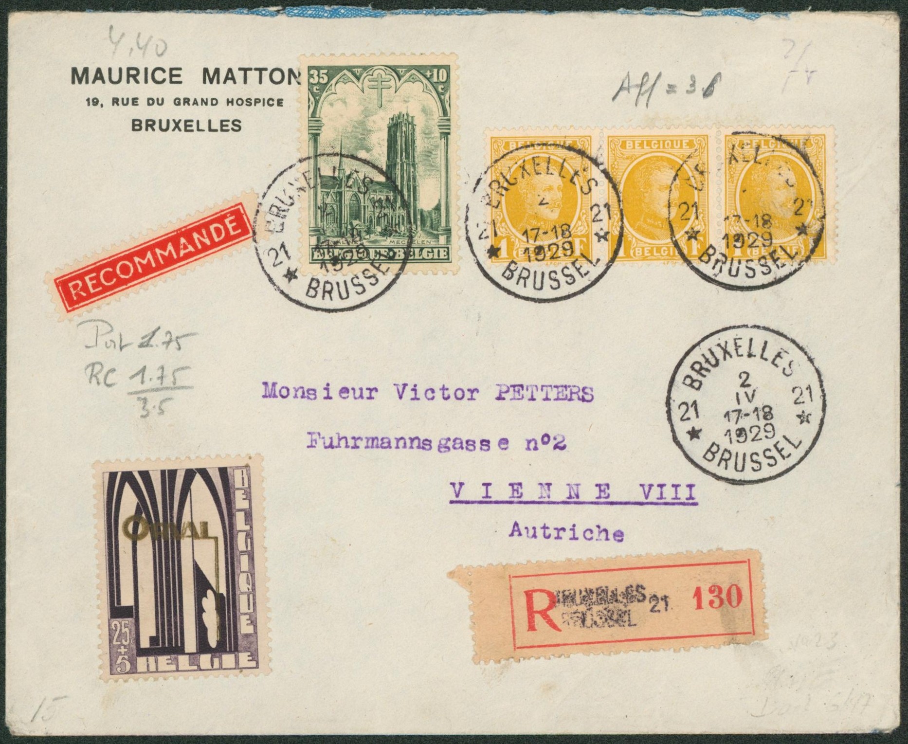 n°205 x3,259 et 269 sur lettre en recommandé obl agence "Bruxelles / Brussel 21" > Vienne (Autriche)"