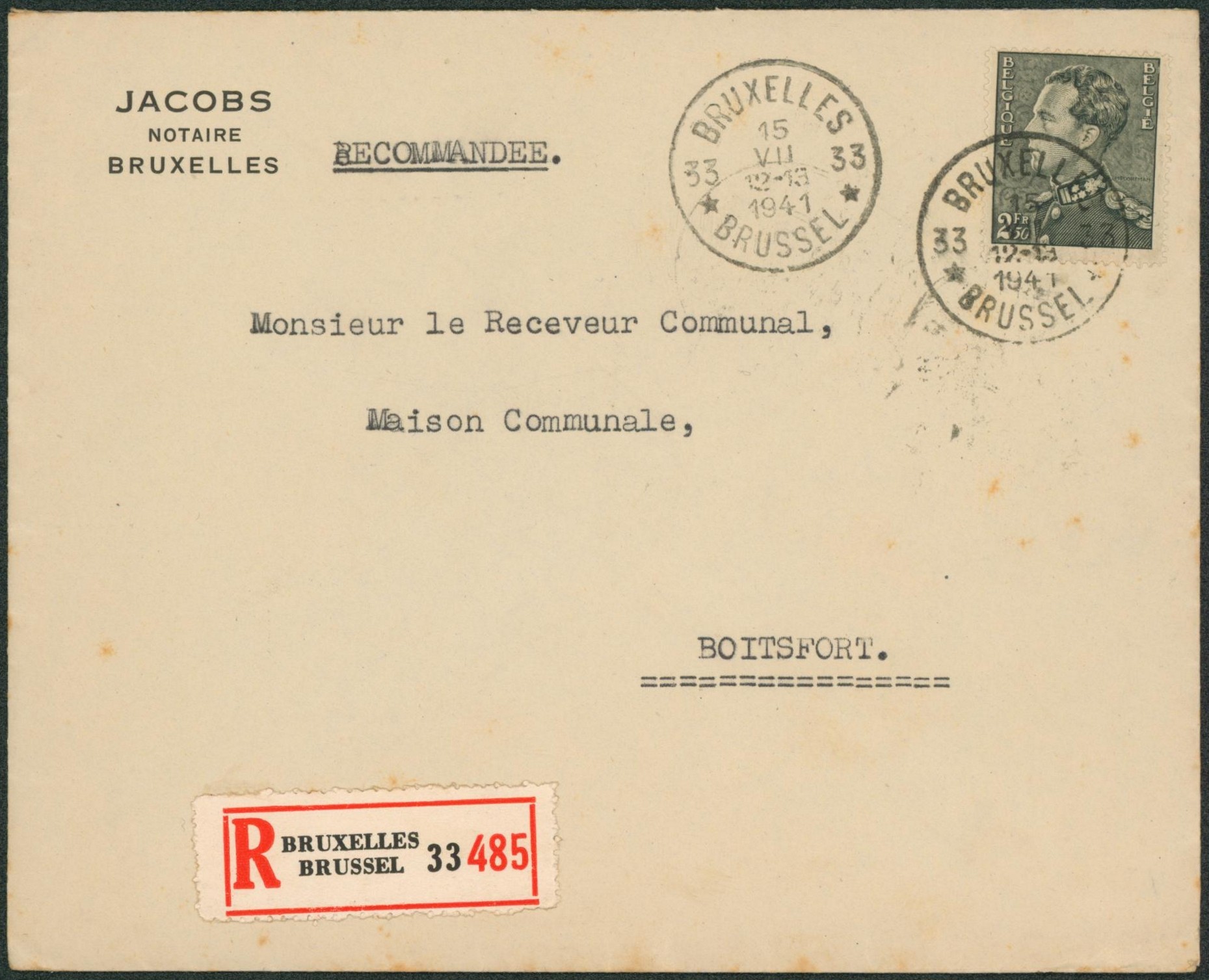Poortman - n°530 sur lettre en recommandé obl agence "Bruxelles / Brussel 33" > Boitsfort"