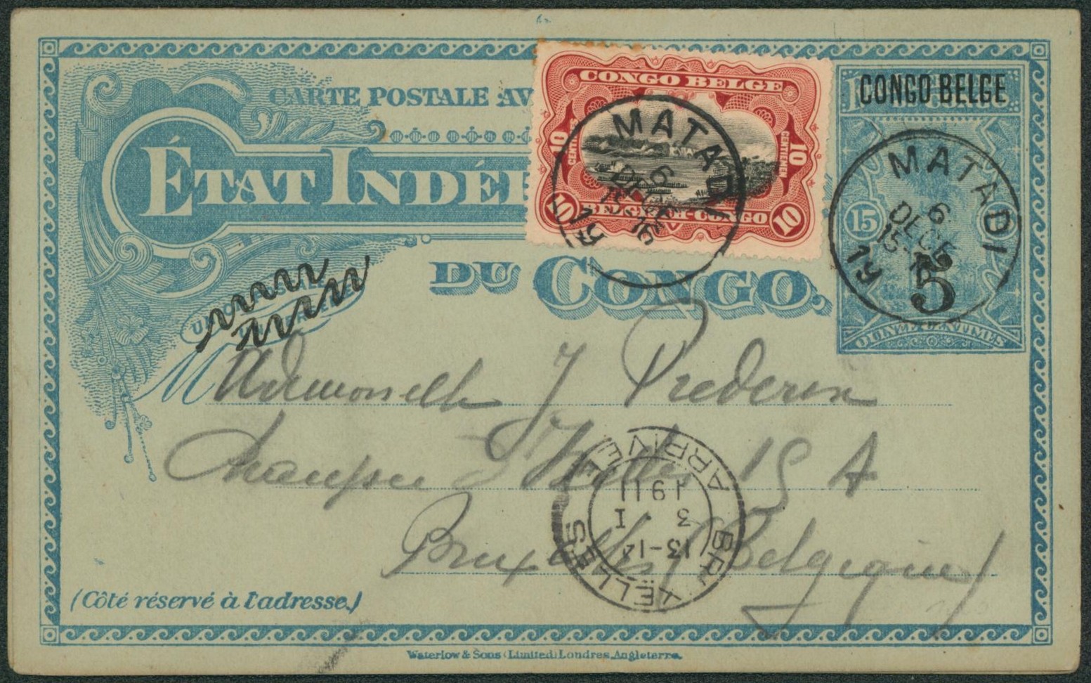 Congo Belge - EP double au type 15ctm bleu surchargé "5" et "Congo Belge" + n°65 expédié de Matadi > Bruxelles. Réponse neuve"