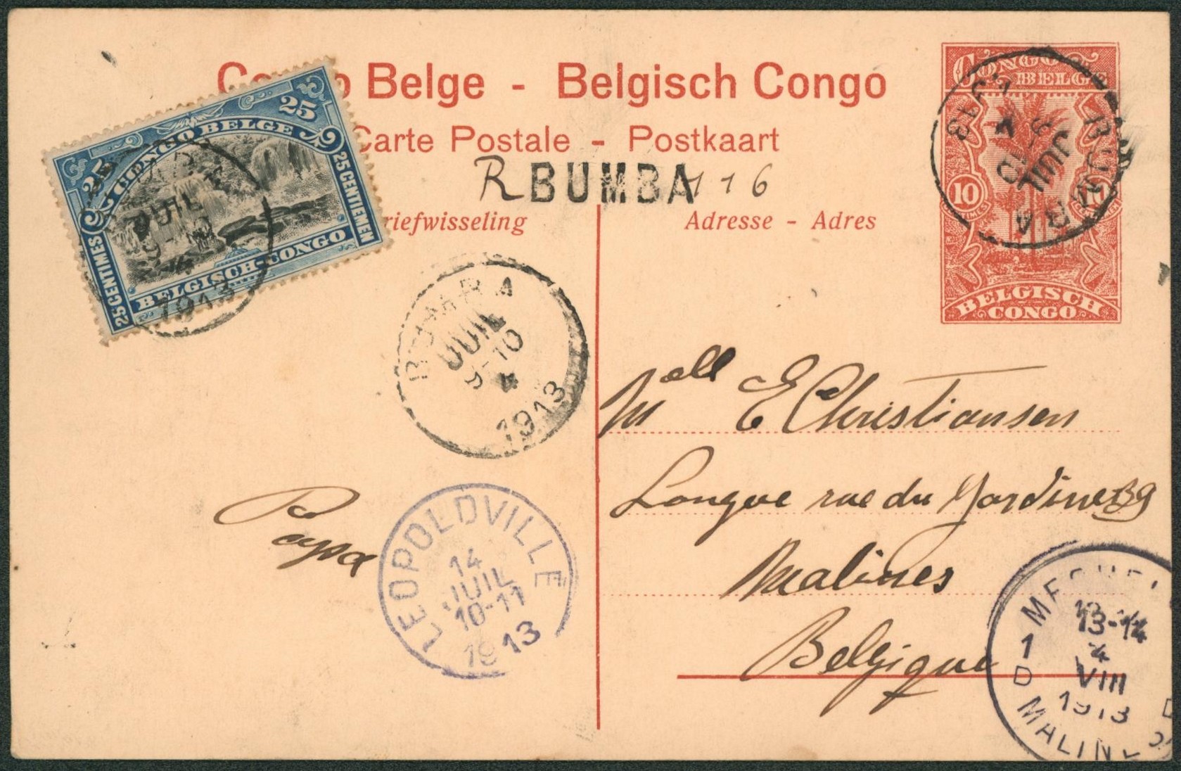 Congo Belge - EP vue au type 10ctm rouge palmier + n°57 recommandé de fortune çàd R + Griffe BUMBA via Léopoldville > Malines. Superbe ! 