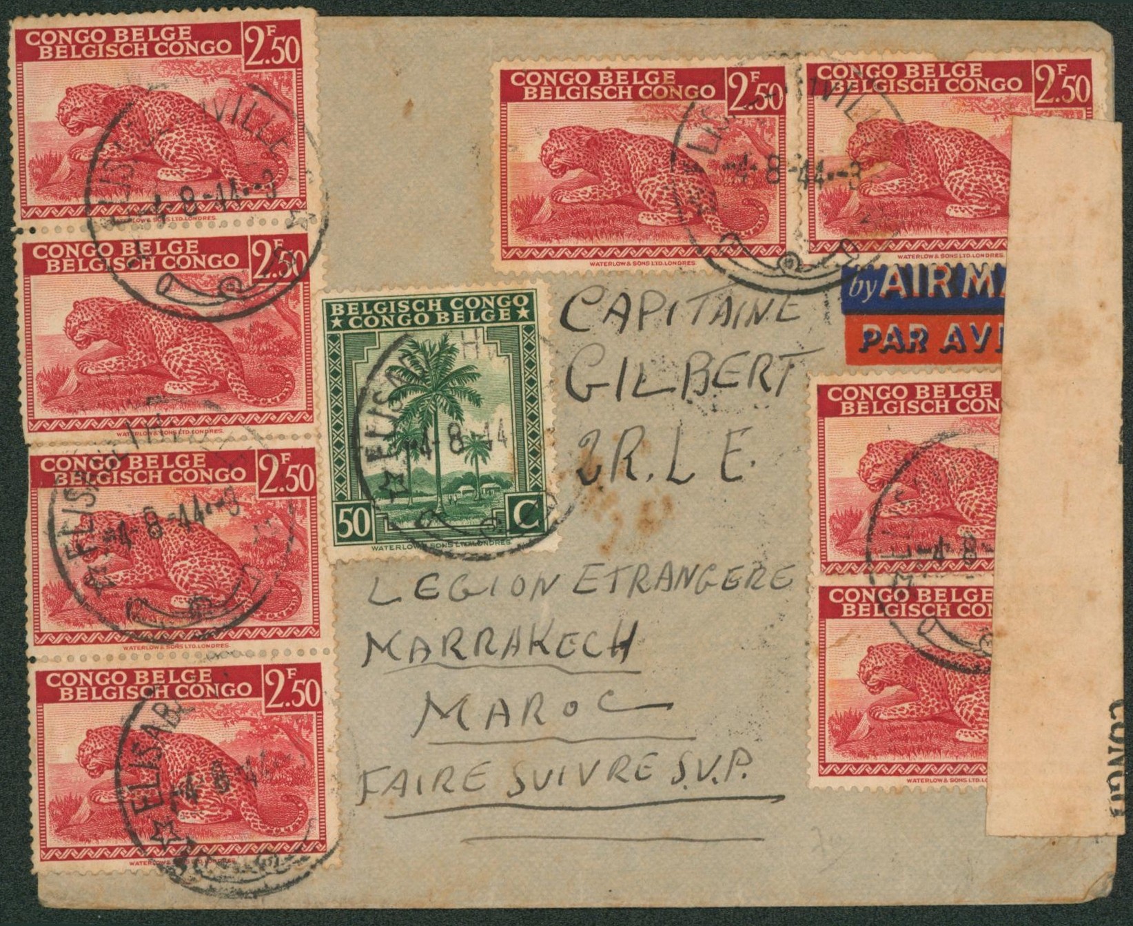 Congo Belge - n°234 et 261 x8 sur lettre par avion de Elisabethville > Légion étrangère à Marrakech (Maroc) + Bandelette de censure du Congo. 