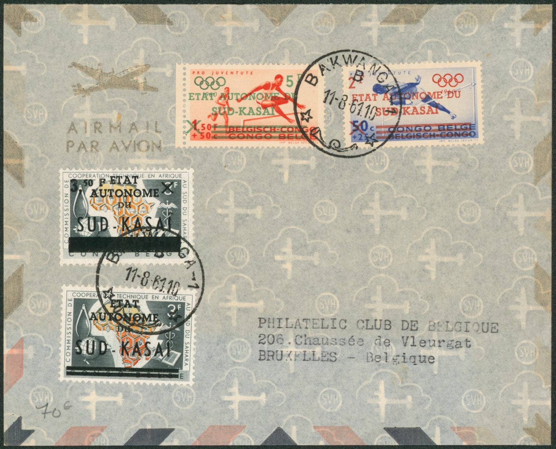 Sud-Kasaï - Affranch. Mixte sur lettre par avion de Bakwanga-1 / B > Philatelic club de Belgique (Bruxelles). 