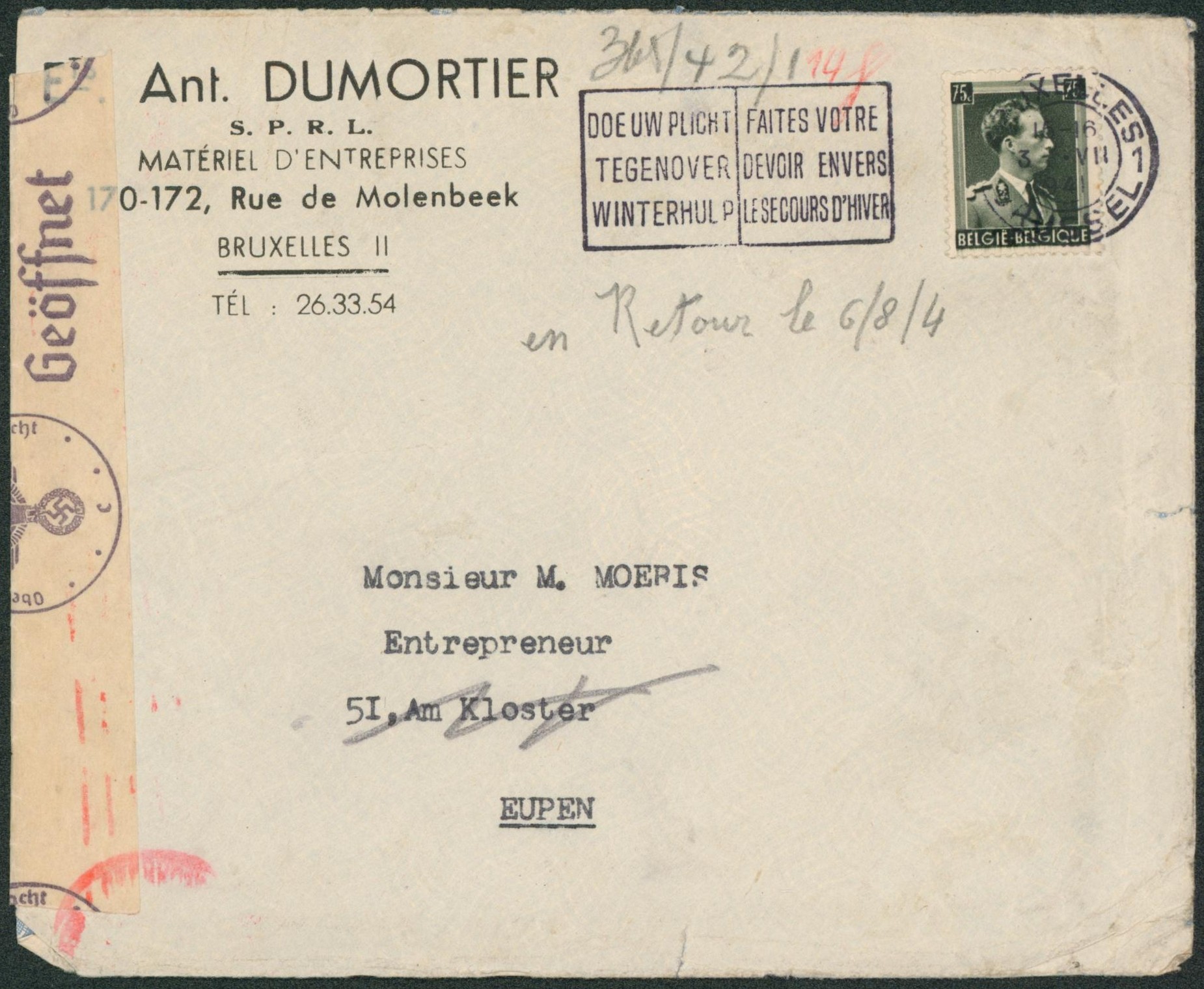 n°480 sur lettre expédié de Bruxelles + bandelette de censure > Eupen, canton de l'est. Verso censure local Eupen. RR 