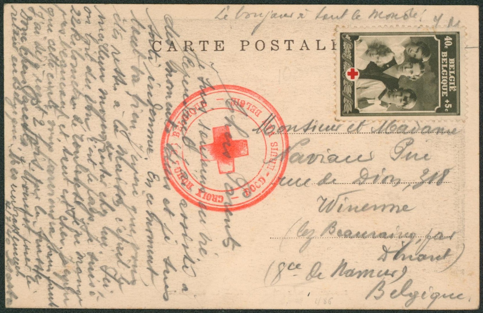 CP datée (1940, avec texte) expédié de ? > Winenne-Lez-Beauraing + cachet croix-rouge. 