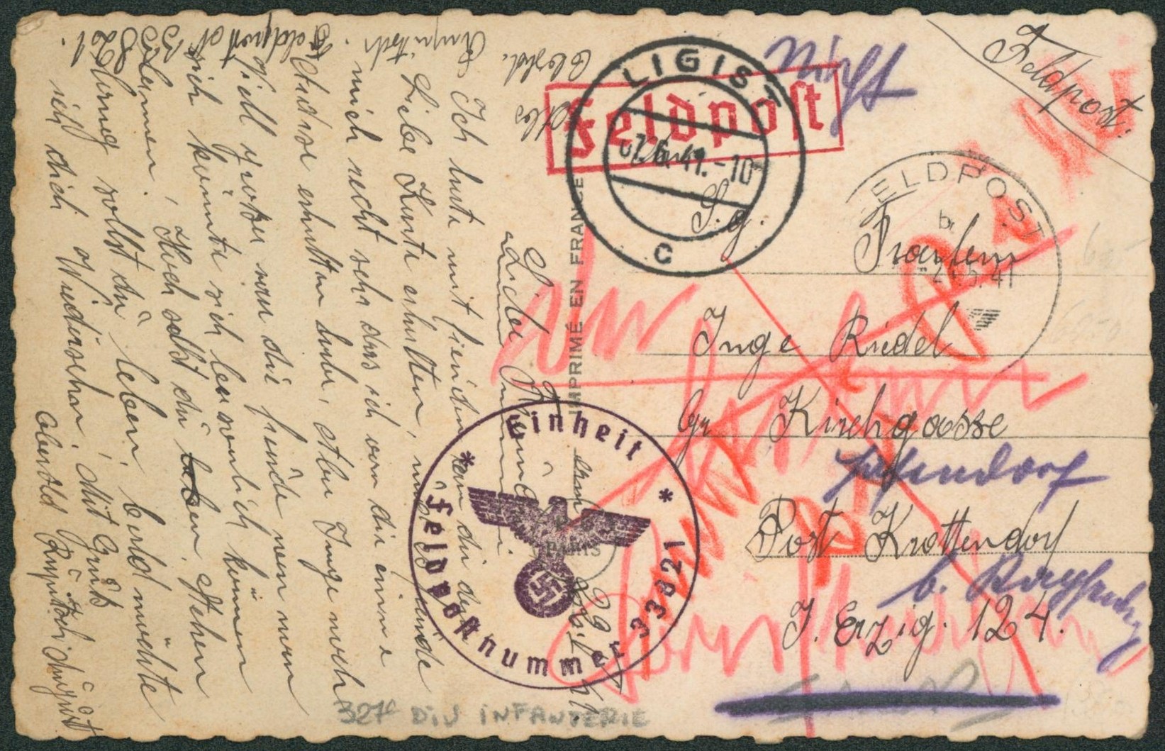 WWII - CP en feldpost expédié de Ligist (Autriche, 1941) + Fespostnummer 33821 > Post krottendorg. Nombreuses annulations à la craie. 