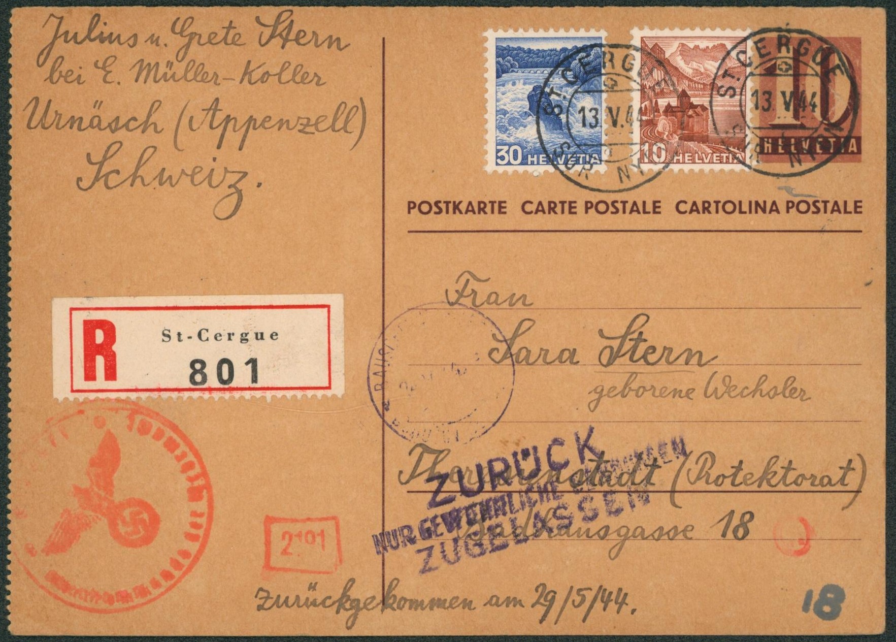 WWII - EP au type 10C + Affranch. Mixte en recommané de St-Cergue (Suisse) + censure > Allemagne + griffe ZURUCK 