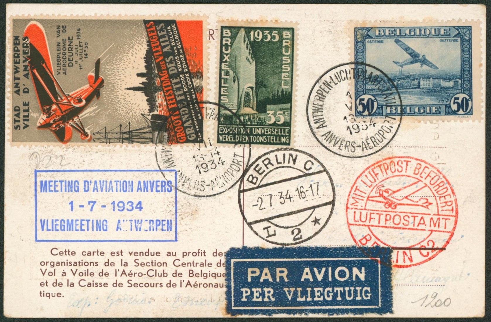 PA1 + n°386 sur CP meeting d'aviation d'Anvers + vignette du meeting, expédié de Anvers-Aéroport (1934) > Berlin. 