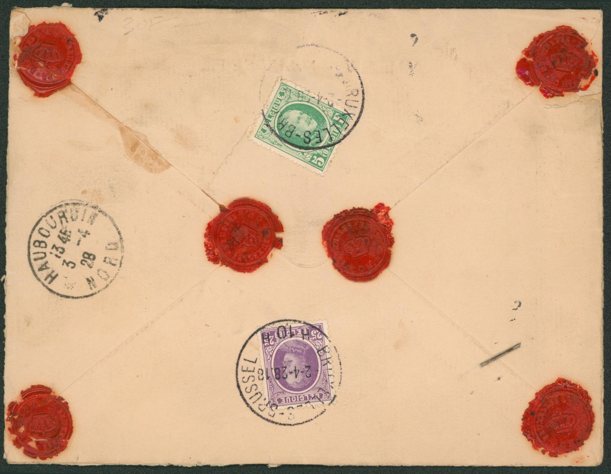 Houyoux - n°198 et 209 au verso d'une lettre "Office deds chèques postaux" valeur 2000Frs en assuré de Bruxelles > Haubourdin (France). "