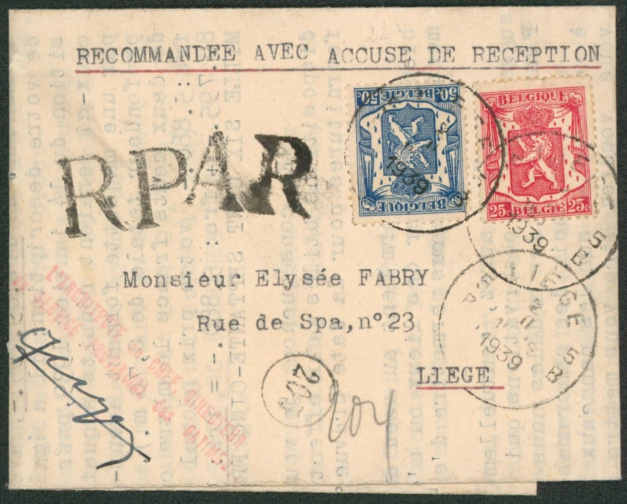 Petit sceau de l'état - n°423 et 426 sur LAC + griffe RP et AR de Liège > Liège. 