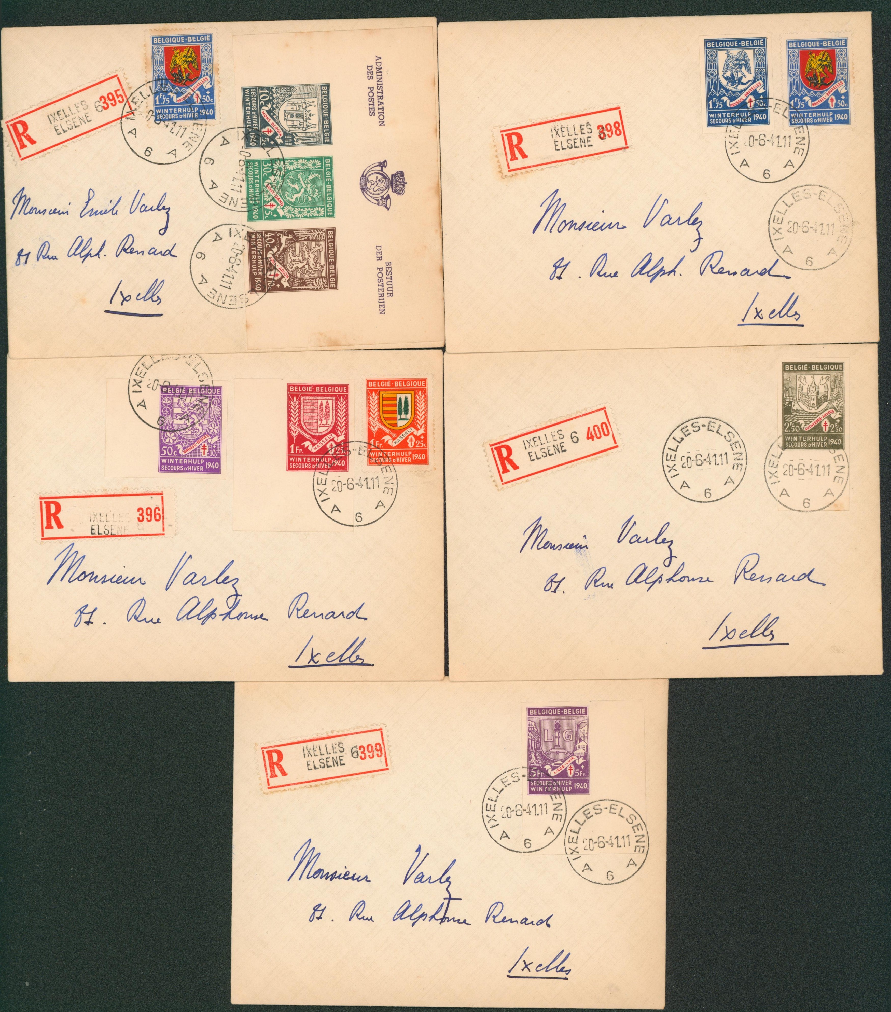 Secours d'hiver - ensemble de 5 lettres recommandés (Mixte dentelé / non dentelé) de et vers Ixelles. 