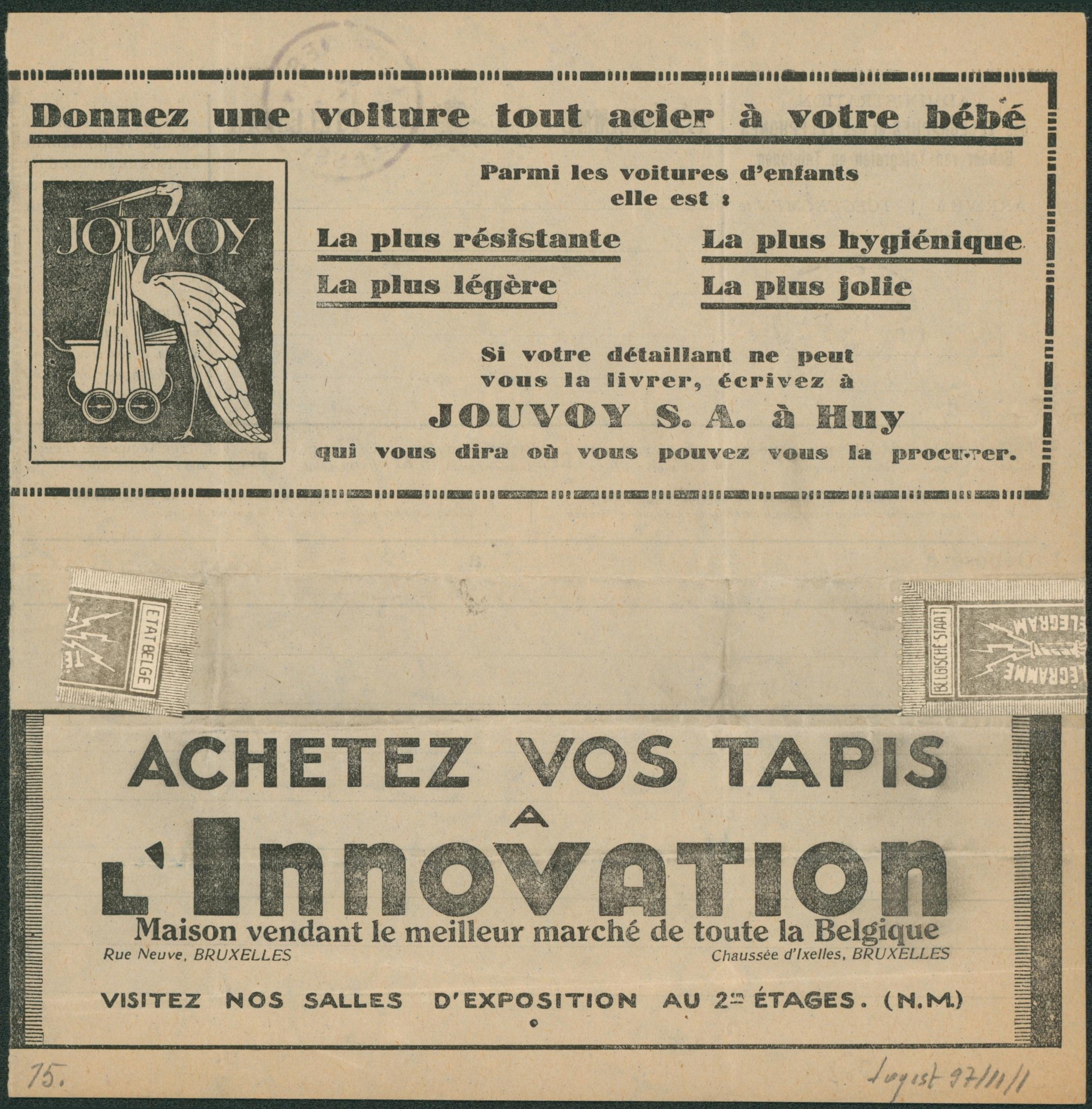 Télégramme (Série G n°7) déposé à London >  Acren çàd obl télégraphique "Lessine / Lessen". Illustration au verso : JOUVOY (voiture pour bébé, Huy), L'innovation "