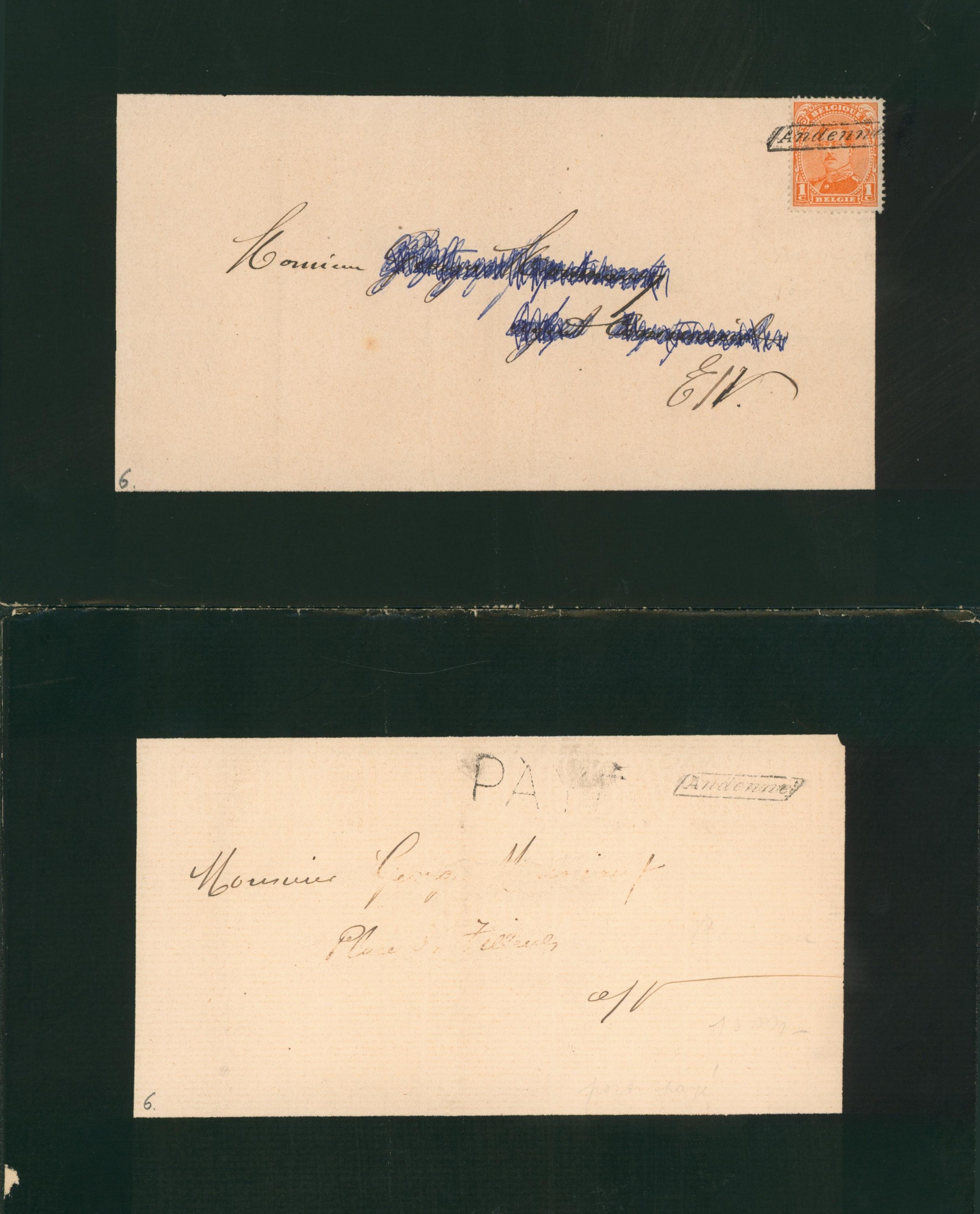 Ensemble de 2 lettres type mortuaire + griffe de fortune ANDENNE > La ville. 