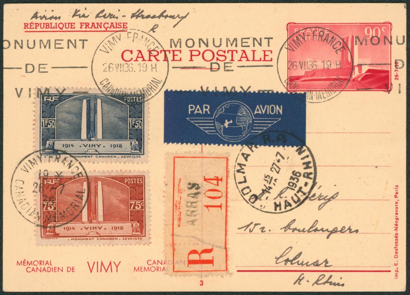 France - entier postal type 90C mémorial canadien VIMY + affranch. Complémentaire (VIMY) en recommandé par avion de Arras > Colmar 
