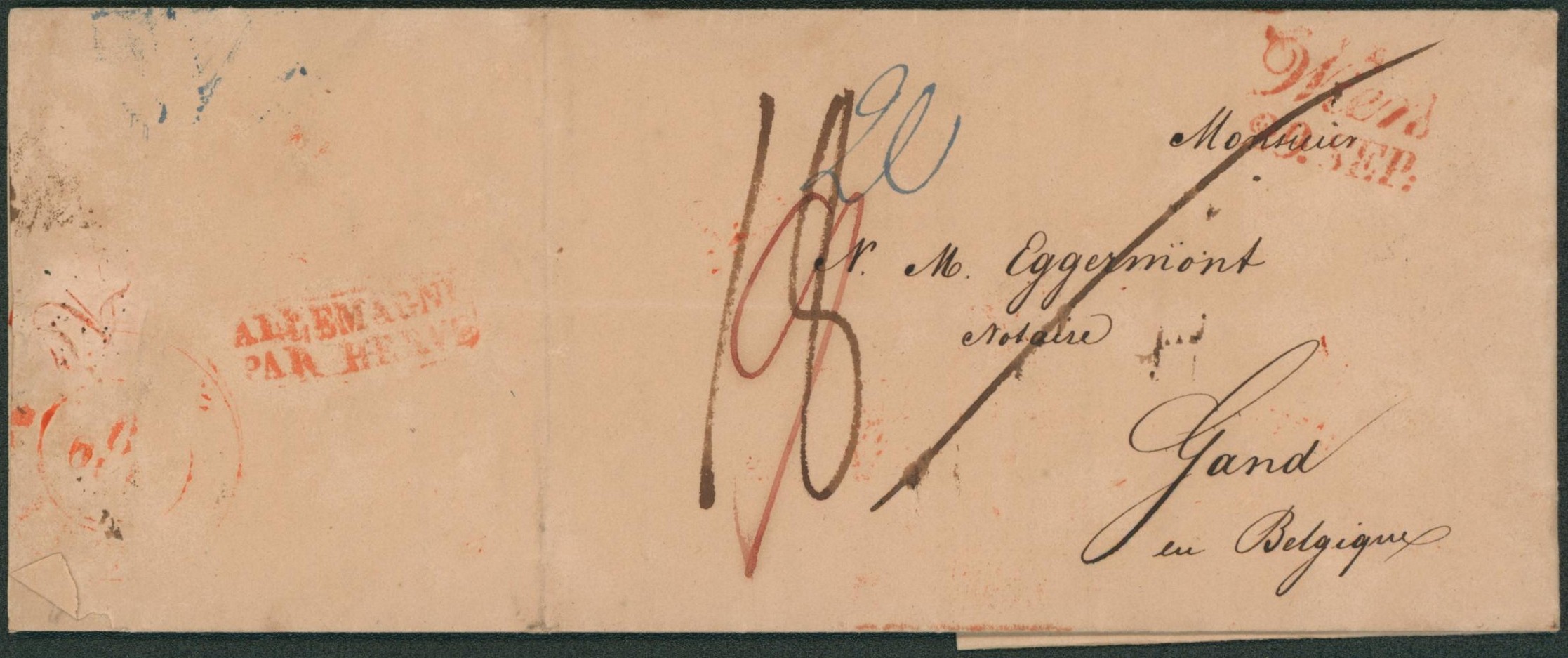 LAC datée de Vienne (1837) + obl linéaire rouge WIEN / 29 SEPT., divers ports manuscrits > Gand + Passage "Allemagne par Herve""