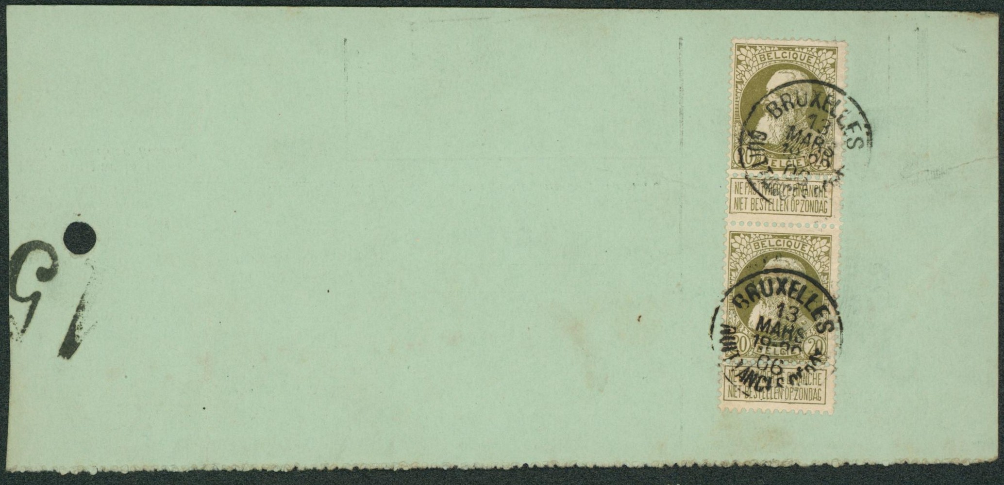 n°75 en paire au verso d'un reçu "Administration des télégraphes, service téléphonique" (Molenbeek, 128 Frs pour un semestre)+ obl "Bruxelles / Quittance-dépôt". "