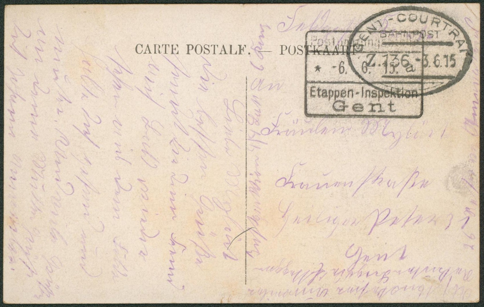 CP en Feldpost + cachet ambulant allemand "Gent-Courtrai" via Etappen-Inspektion Gent > Allemagne. "