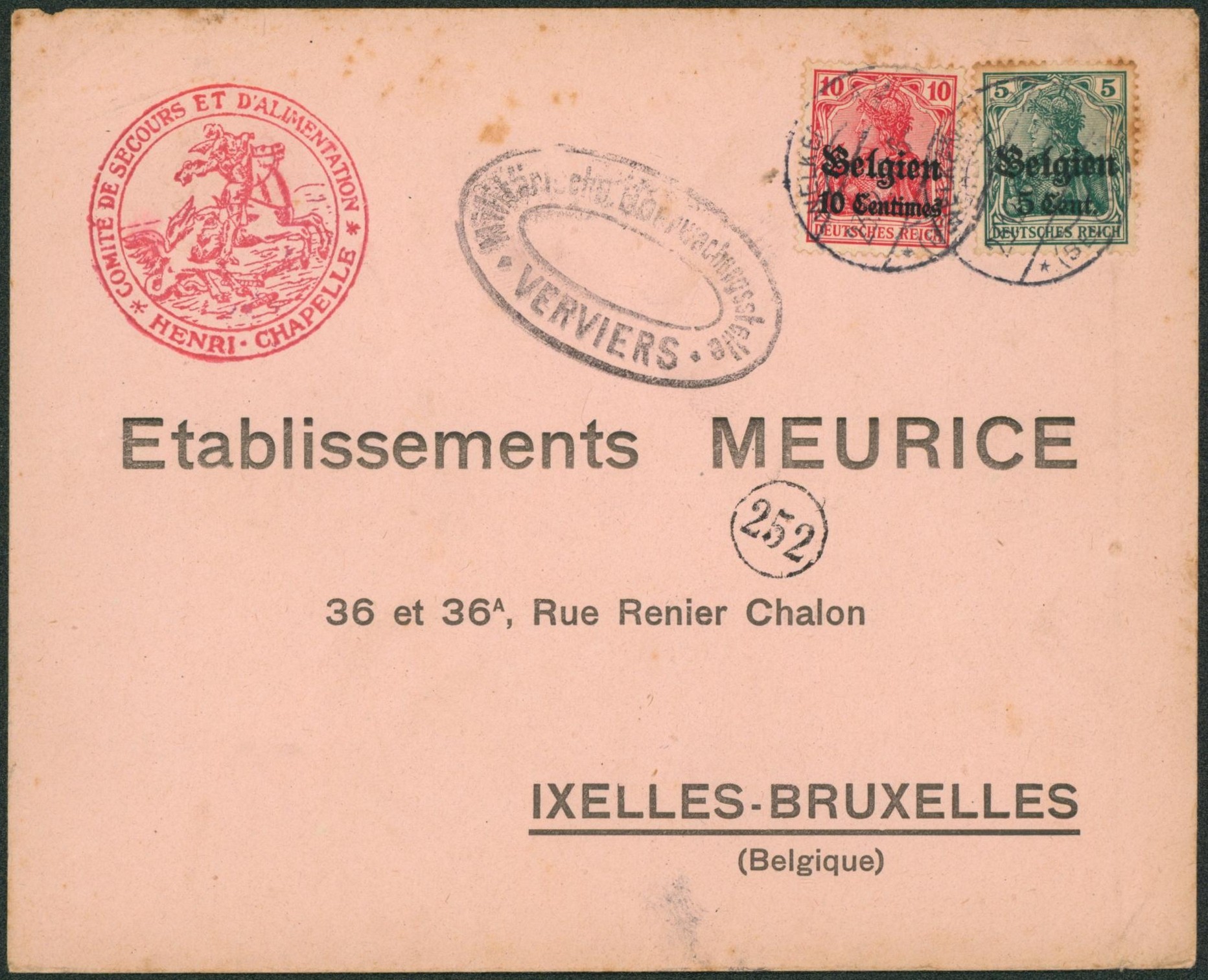 OC3 et OC12 sur lettre (comité de secours et d'alimentation, Henri-Chapelle) obl à pont "Welkenraedt" > Ixelles"