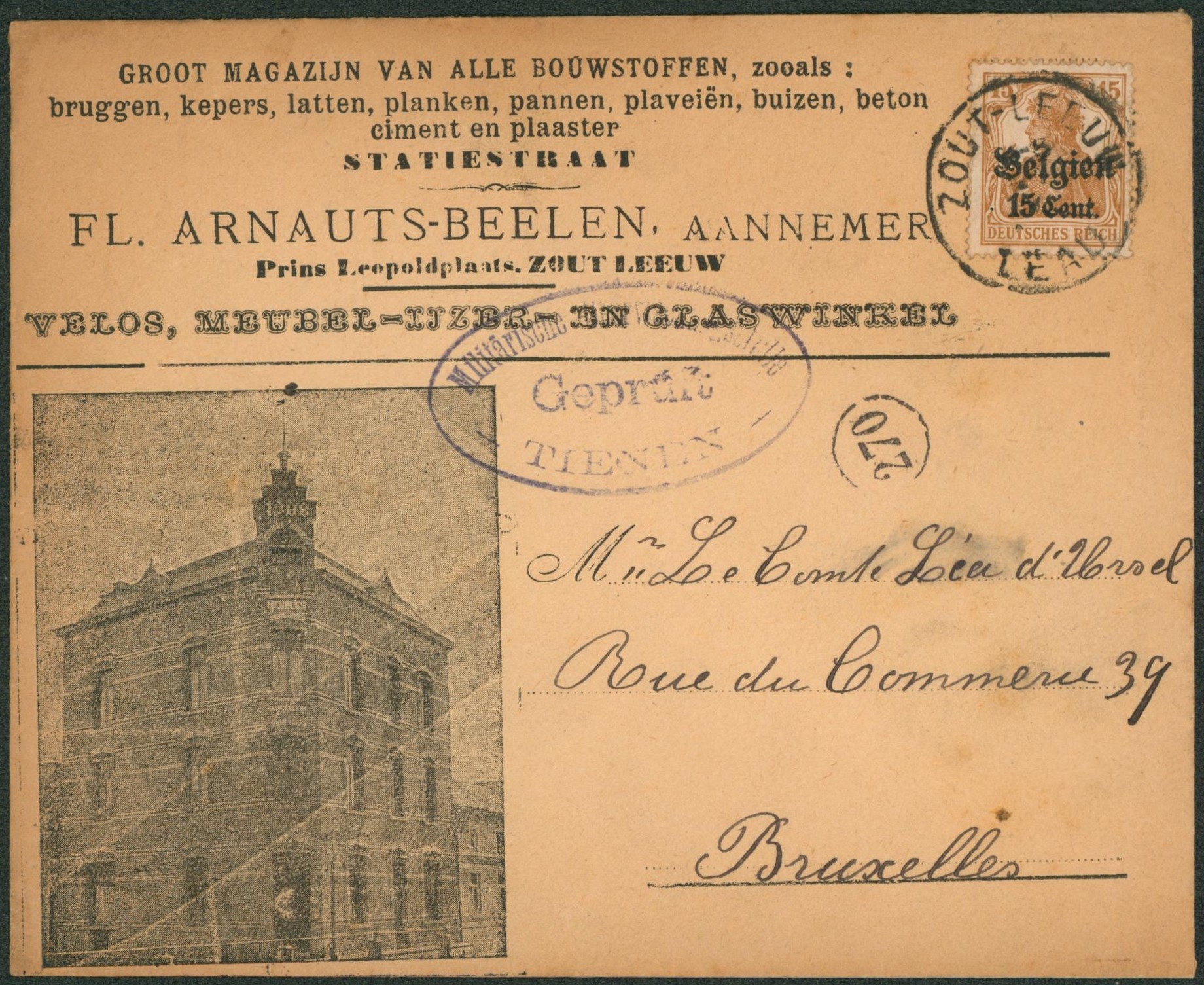 OC15 sur lettre illustrée (Groot magazijn van alle bouwstoffen, Zout-Leeuw) > Bruxelles