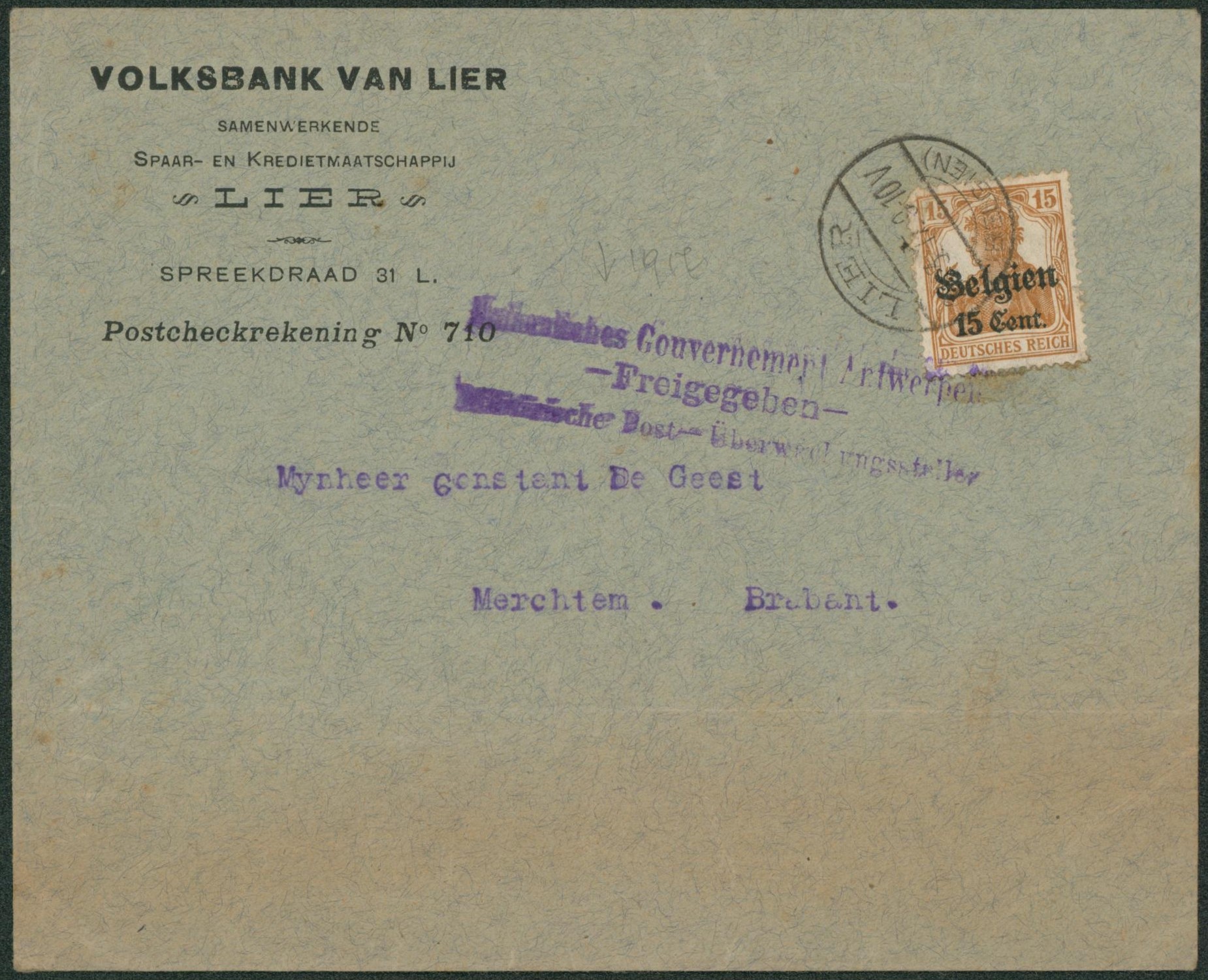 OC15 sur lettre à en-tête (Volsbank van Lier) obl à pont "Lier" > Merchtem"