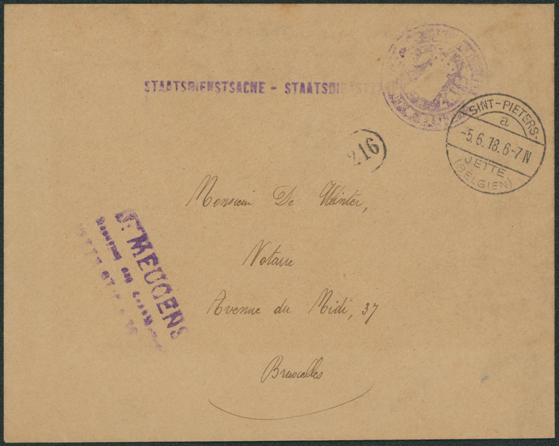 Lettre "Staatsdienstsache" obl à pont "Sint-Pieters a / Jette" > Bruxelles"